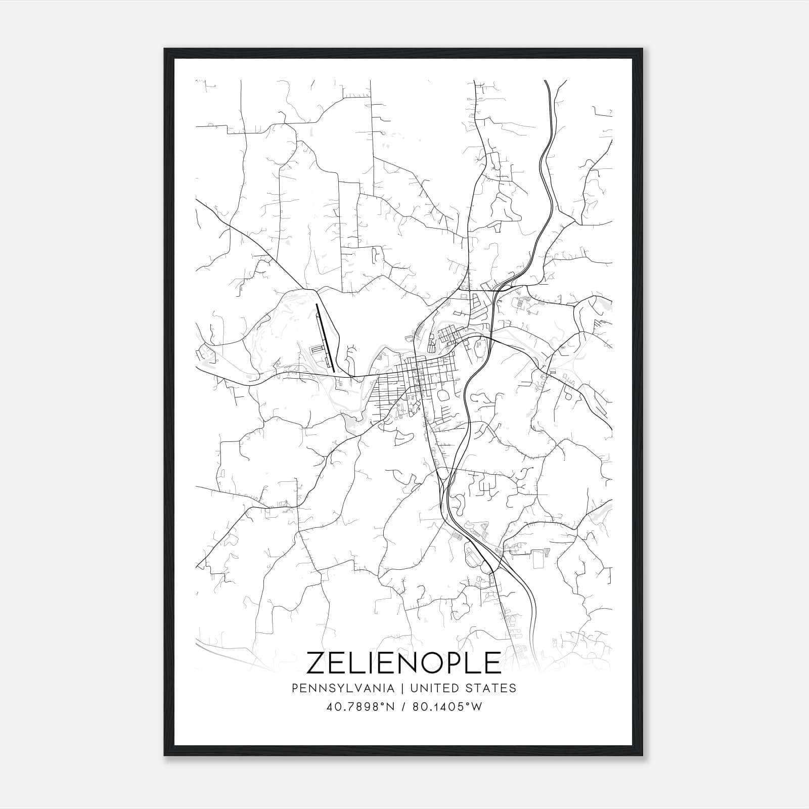 Zelienople Pennsylvania Map Poster, Modern Home Decor Wall Art Print