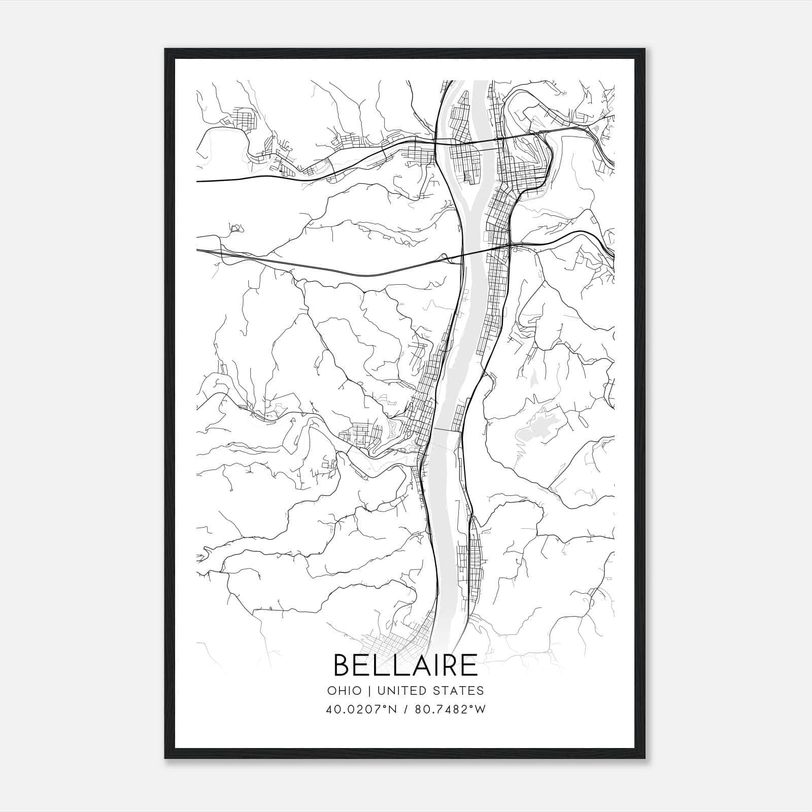Bellaire Ohio Map Poster, Modern Home Decor Wall Art Print Bellaire Ohio Map Poster, Modern Home Decor Wall Art Print