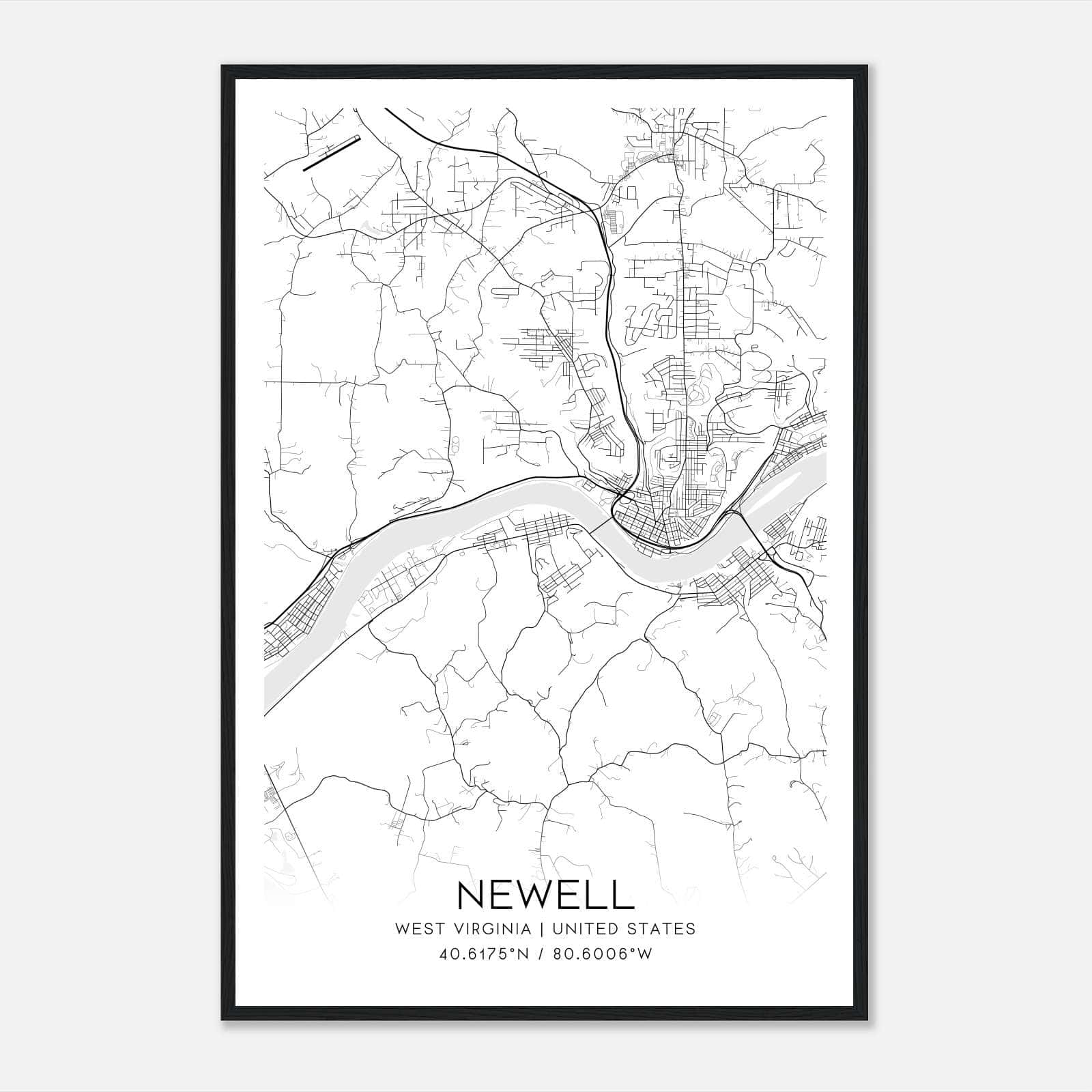 Newell West Virginia Map Poster, Modern Home Decor Wall Art Print Newell West Virginia Map Poster, Modern Home Decor Wall Art Print