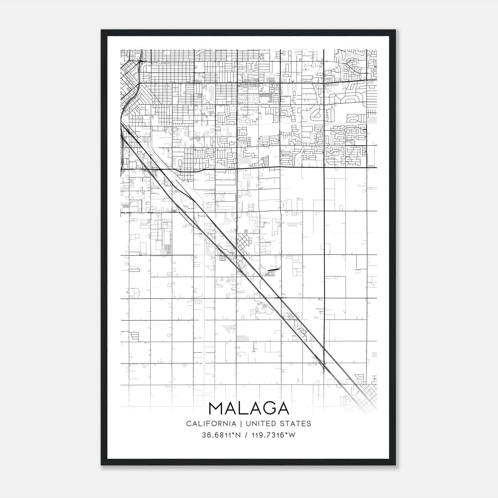 Malaga California Map Poster, Modern Home Decor Wall Art Print Malaga California Map Poster, Modern Home Decor Wall Art Print