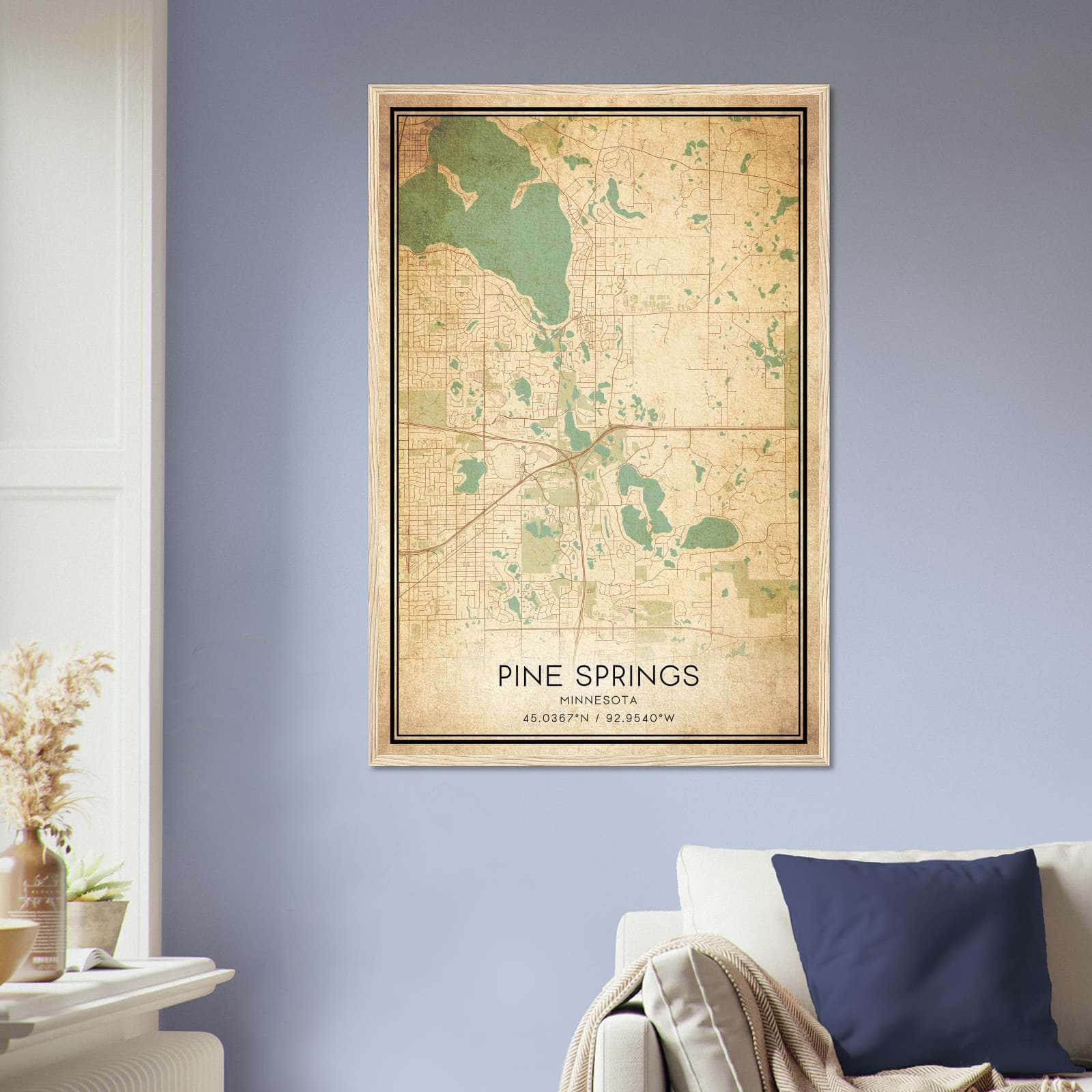 Vintage Pine Springs Minnesota Map Poster, Pine Springs MN City Road Wall Art Print