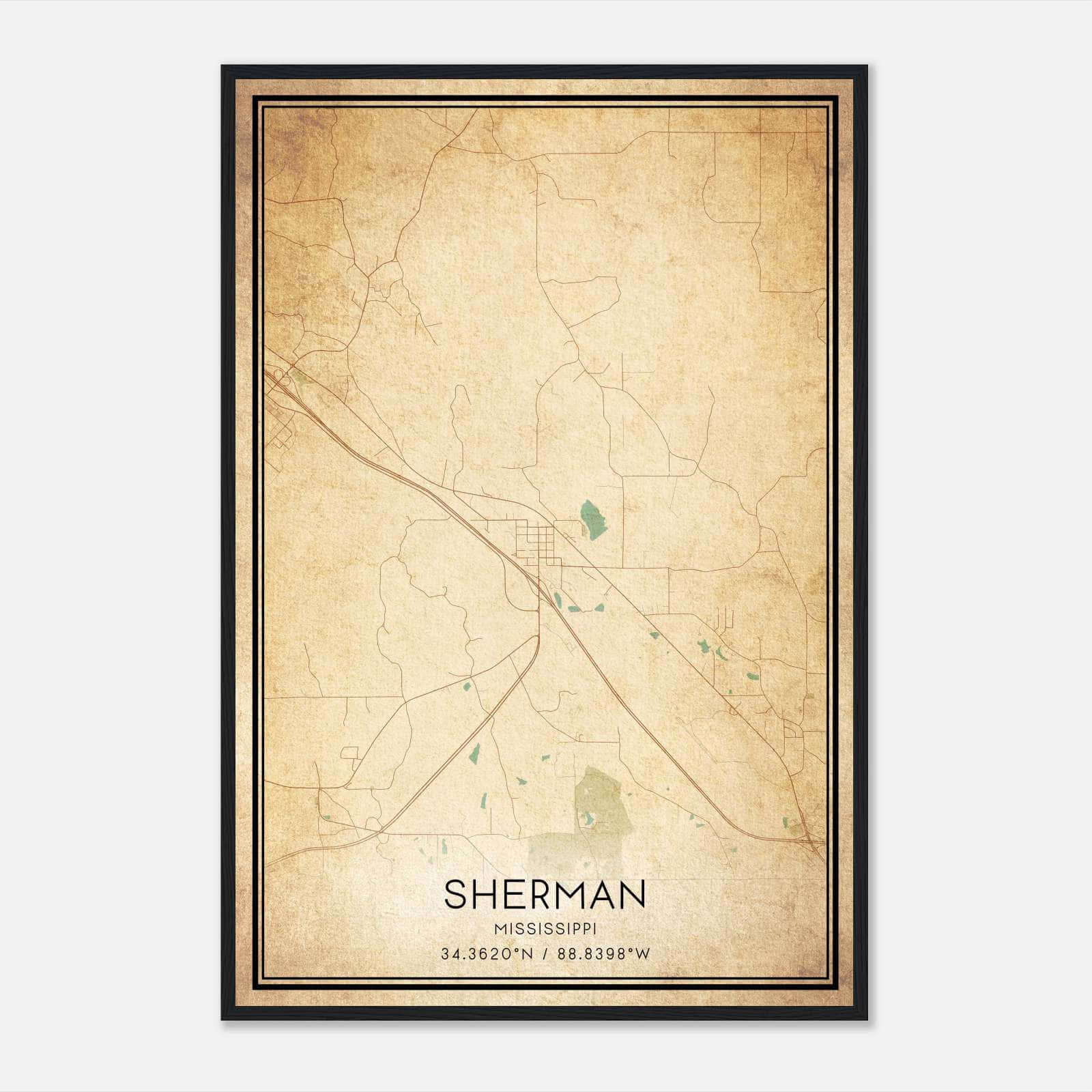Vintage Sherman Mississippi Map Poster, Sherman MS City Road Wall Art Print Vintage Sherman Mississippi Map Poster, Sherman MS City Road Wall Art Print