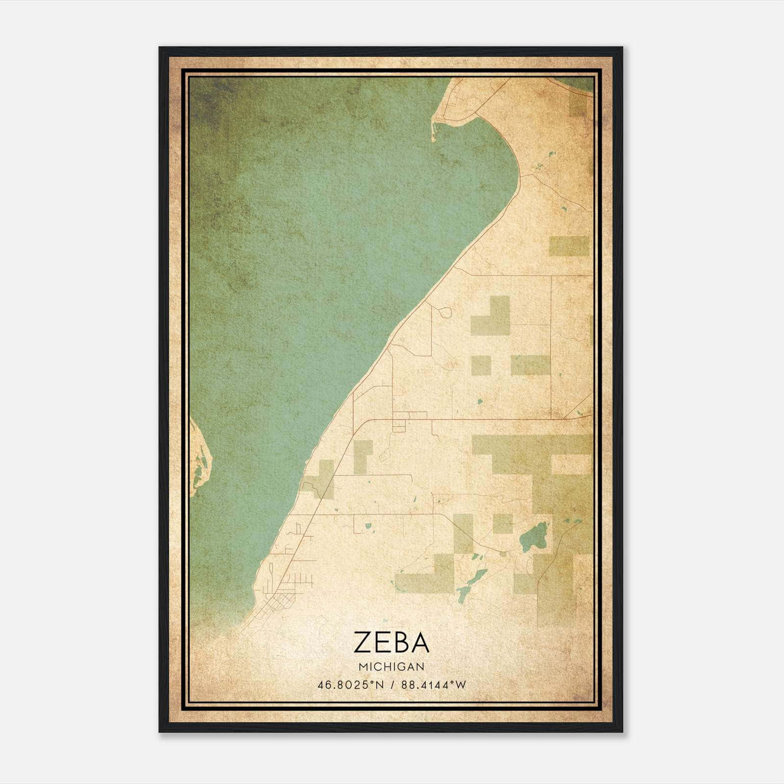 Vintage Zeba Michigan Map Poster, Zeba MI City Road Wall Art Print Vintage Zeba Michigan Map Poster, Zeba MI City Road Wall Art Print