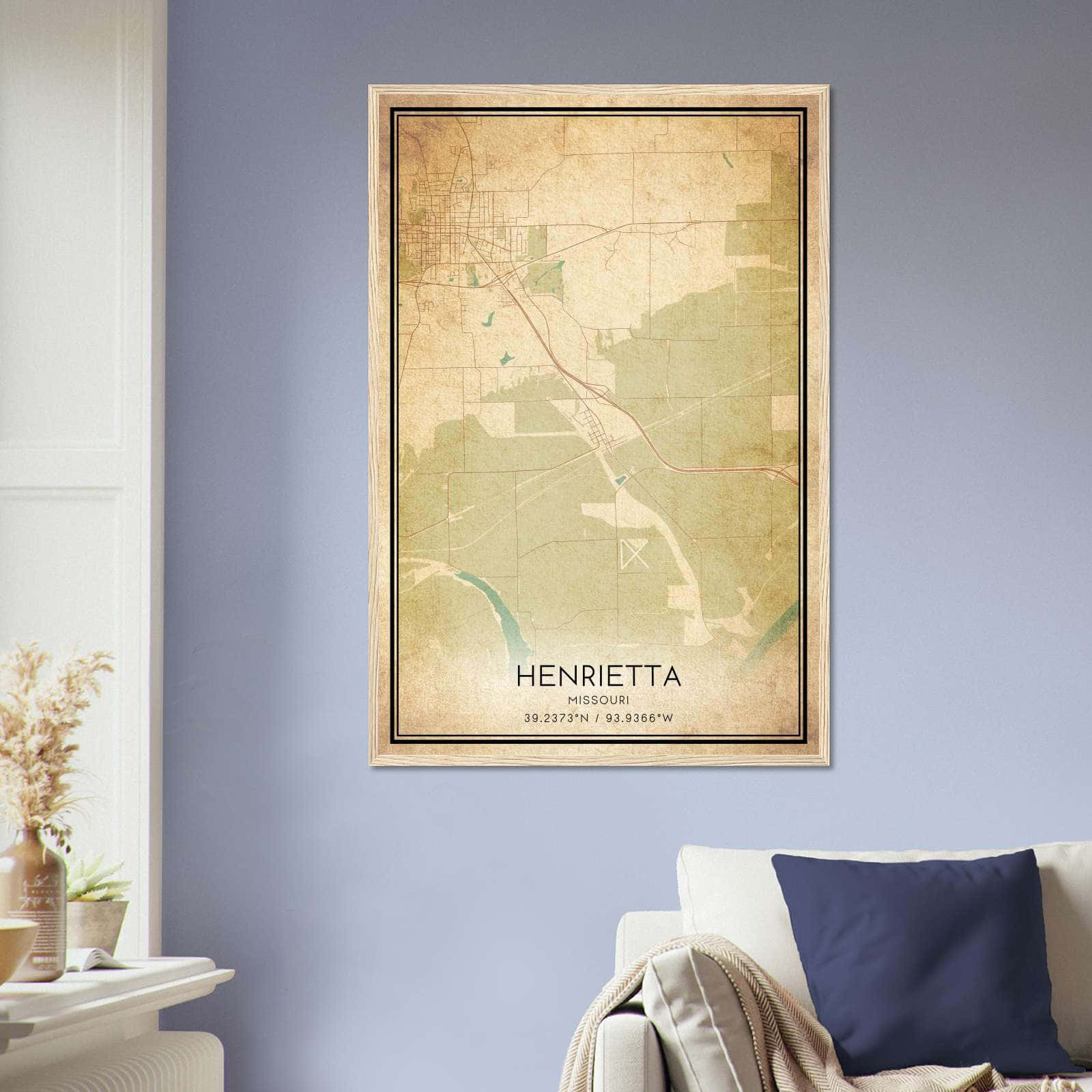 Vintage Henrietta Missouri Map Poster, Henrietta MO City Road Wall Art Print