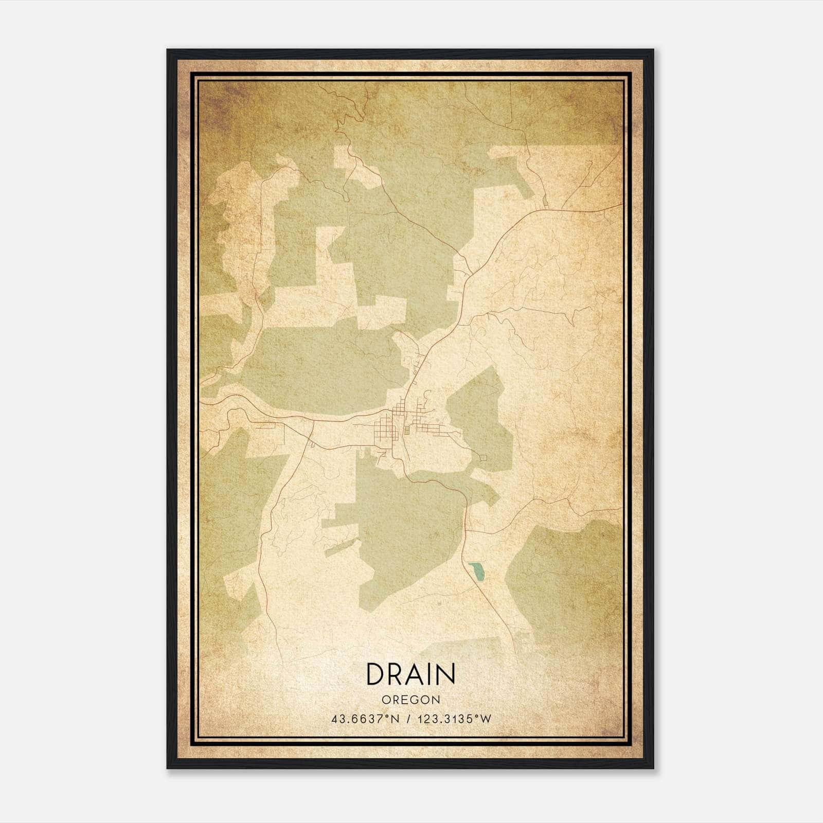 Vintage Drain Oregon Map Poster, Drain OR City Road Wall Art Print Vintage Drain Oregon Map Poster, Drain OR City Road Wall Art Print