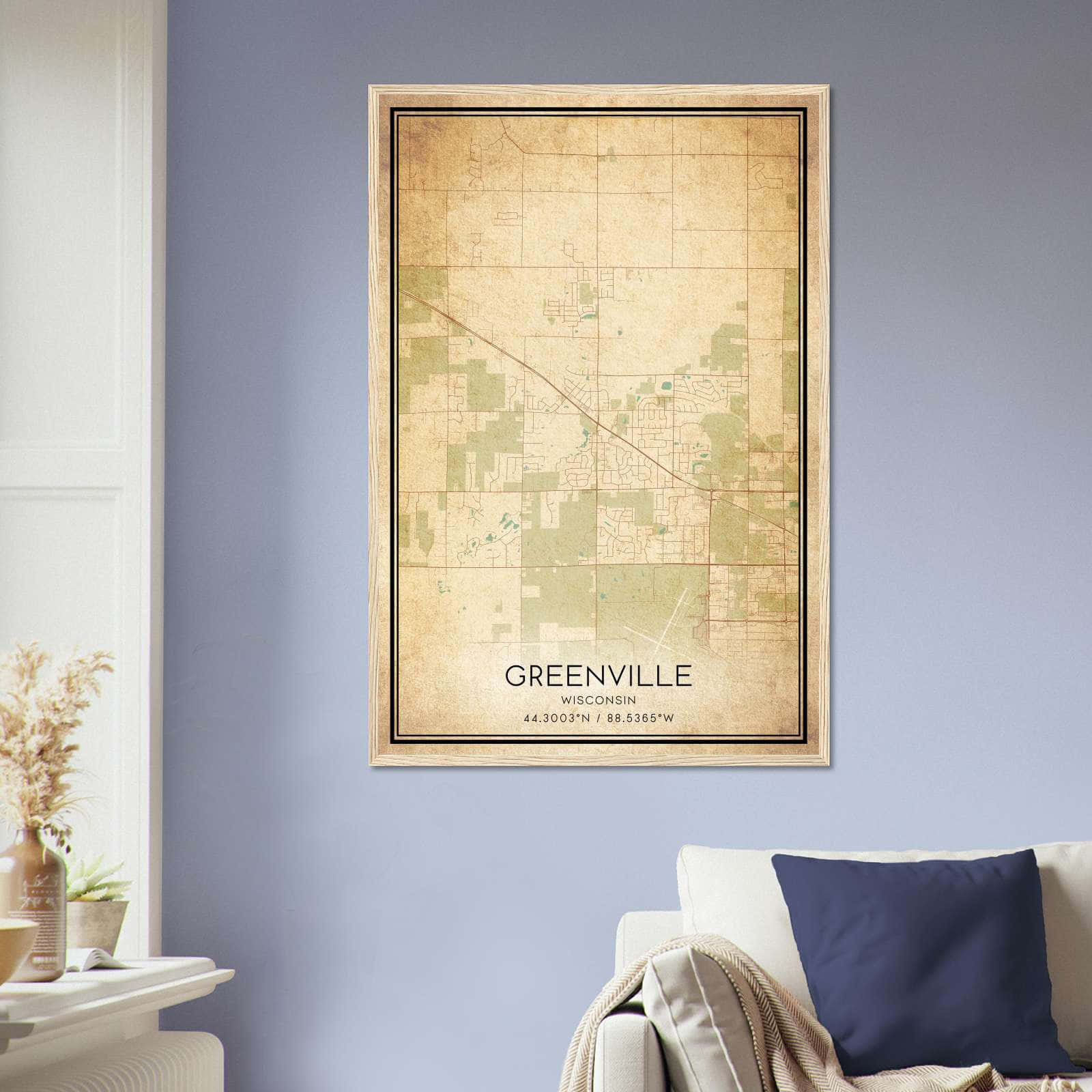 Vintage Greenville Wisconsin Map Poster, Greenville WI City Road Wall Art Print