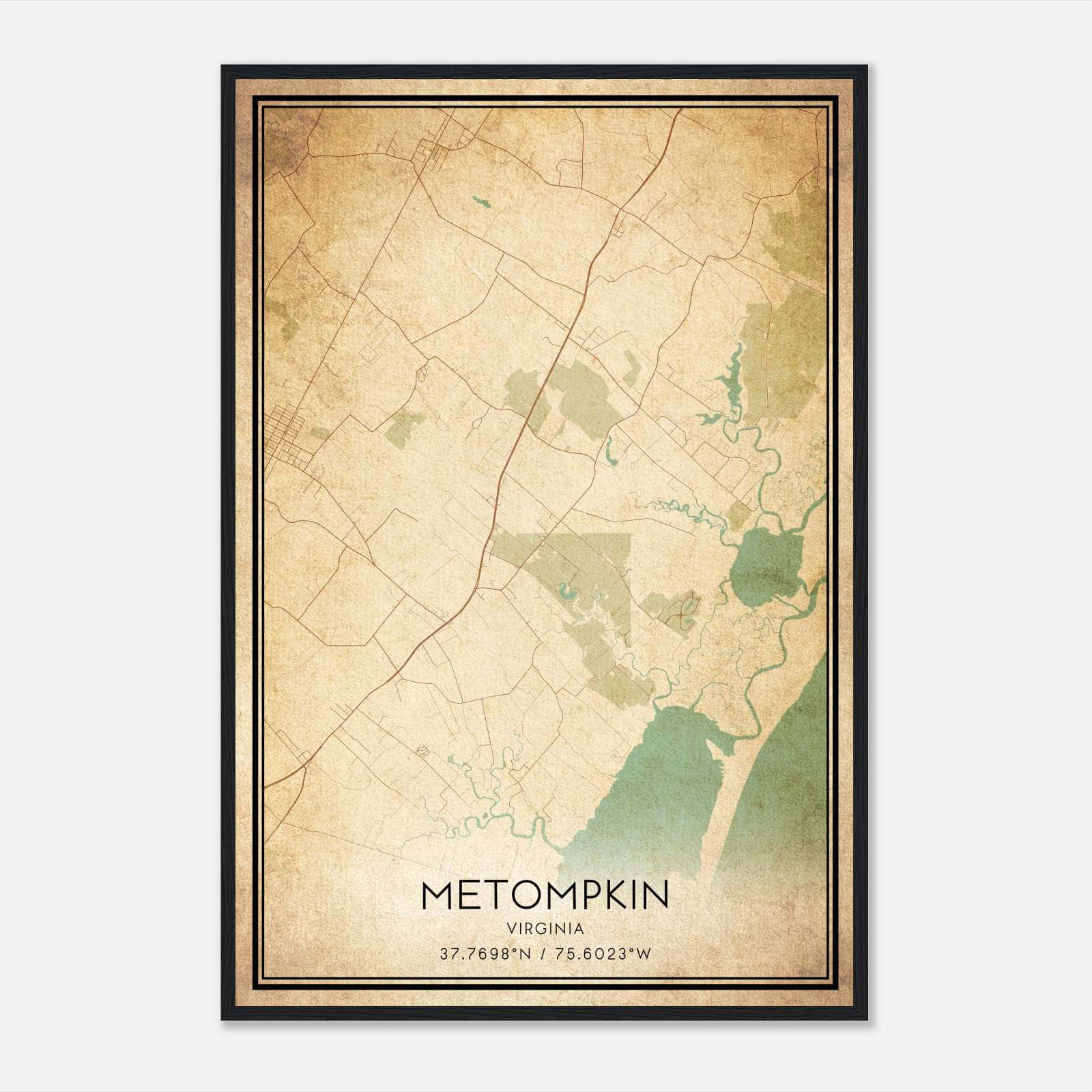 Vintage Metompkin Virginia Map Poster, Metompkin VA City Road Wall Art Print Vintage Metompkin Virginia Map Poster, Metompkin VA City Road Wall Art Print