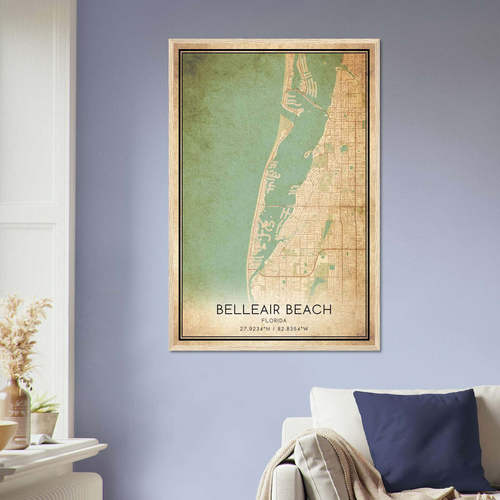Vintage Belleair Beach Florida Map Poster, Belleair Beach FL City Road Wall Art Print