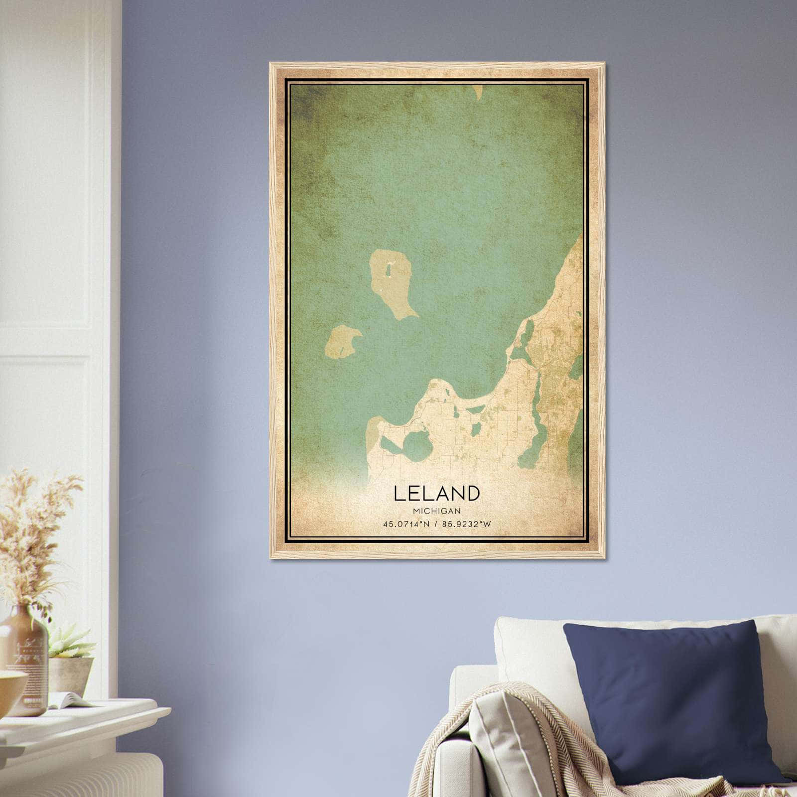 Vintage Leland Michigan Map Poster, Leland MI City Road Wall Art Print