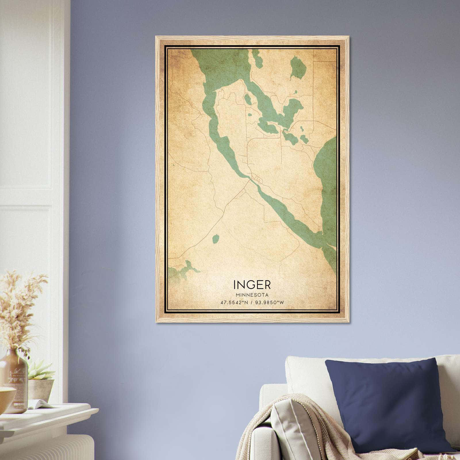 Vintage Inger Minnesota Map Poster, Inger MN City Road Wall Art Print