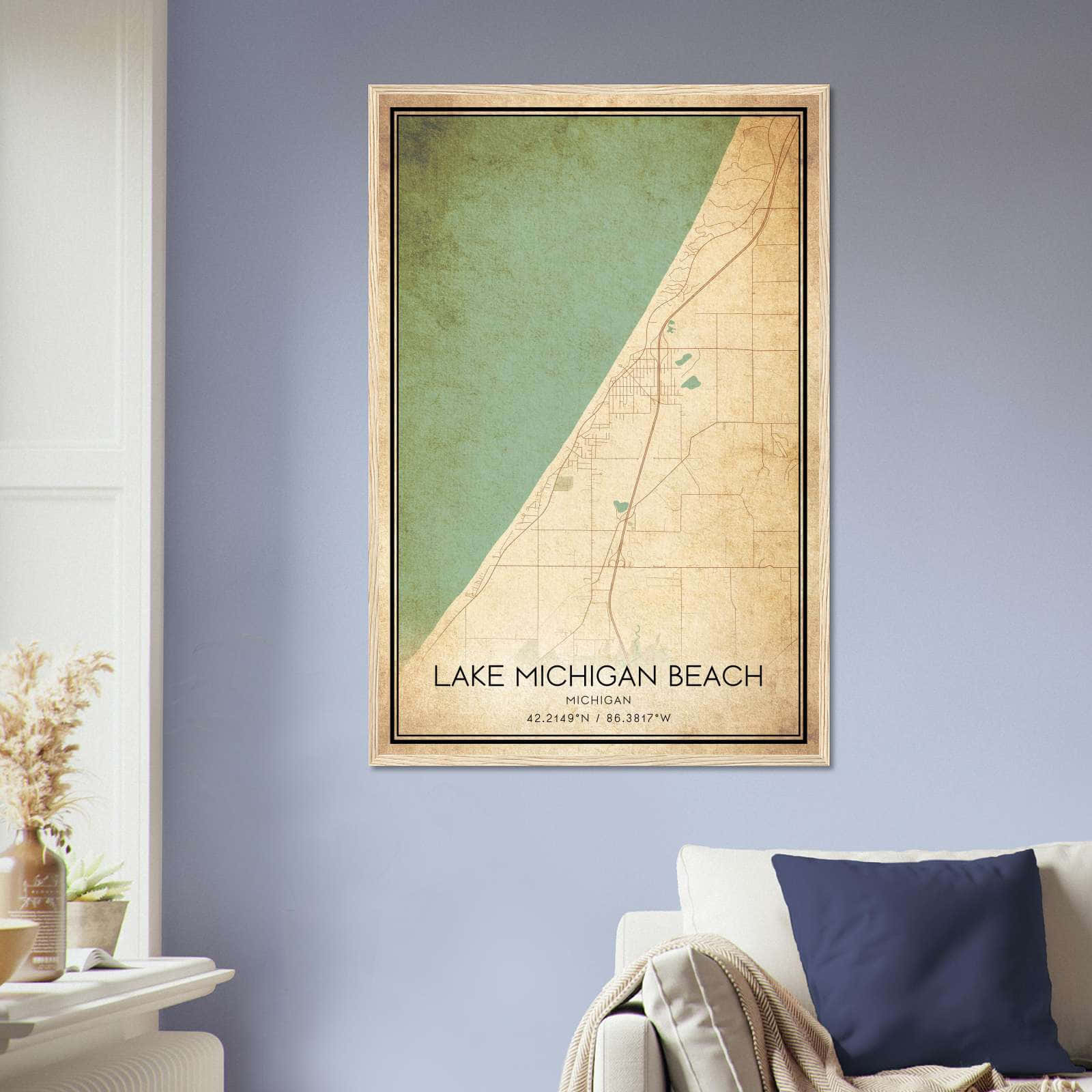 Vintage Lake Michigan Beach Michigan Map Poster, Lake Michigan Beach MI City Road Wall Art Print