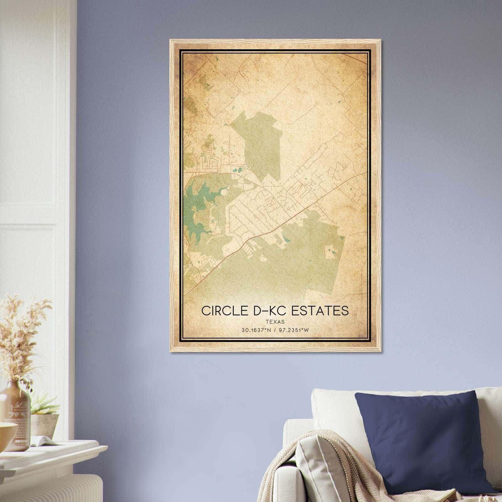 Vintage Circle D-KC Estates Texas Map Poster, Circle D-KC Estates TX City Road Wall Art Print