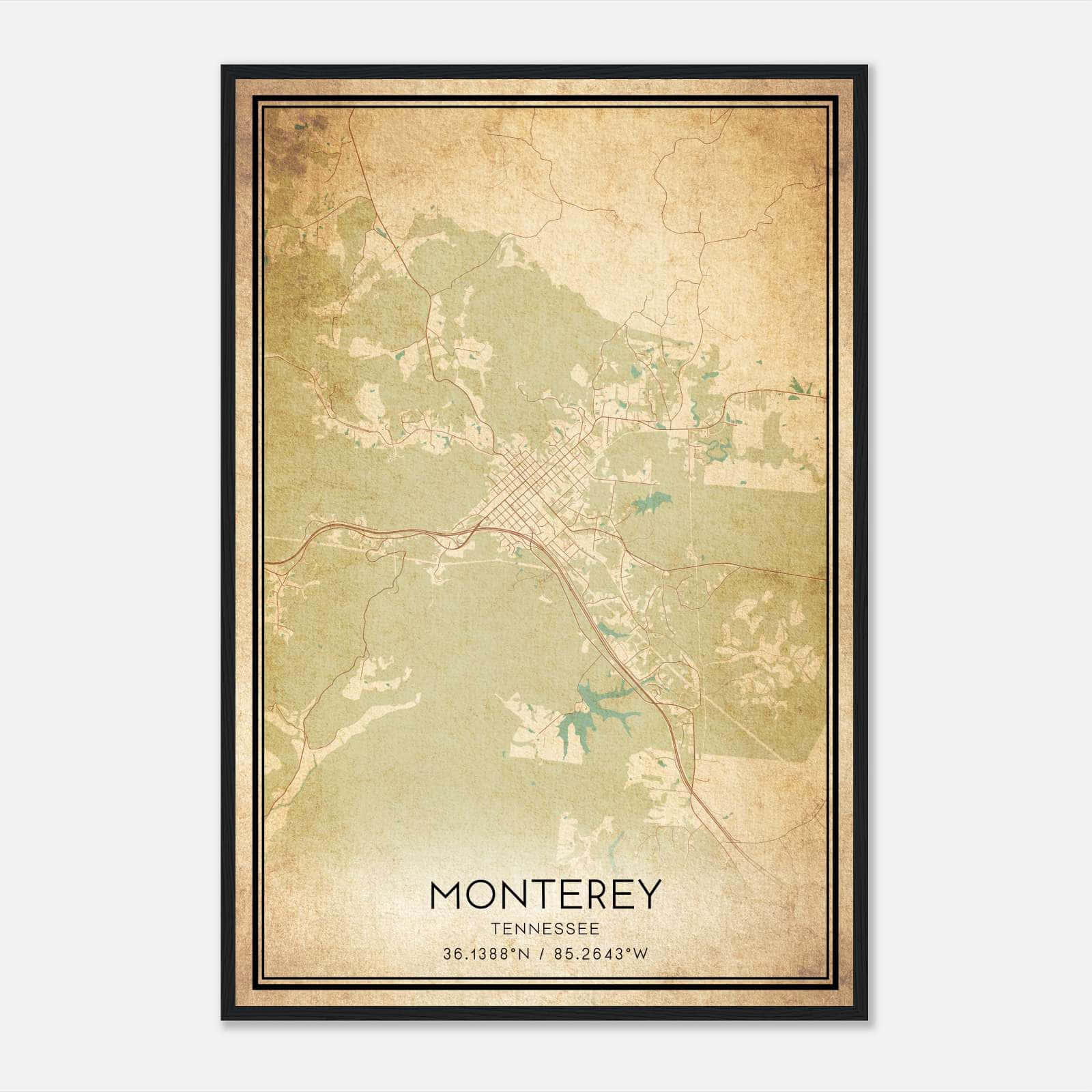 Vintage Monterey Tennessee Map Poster, Monterey TN City Road Wall Art Print Vintage Monterey Tennessee Map Poster, Monterey TN City Road Wall Art Print