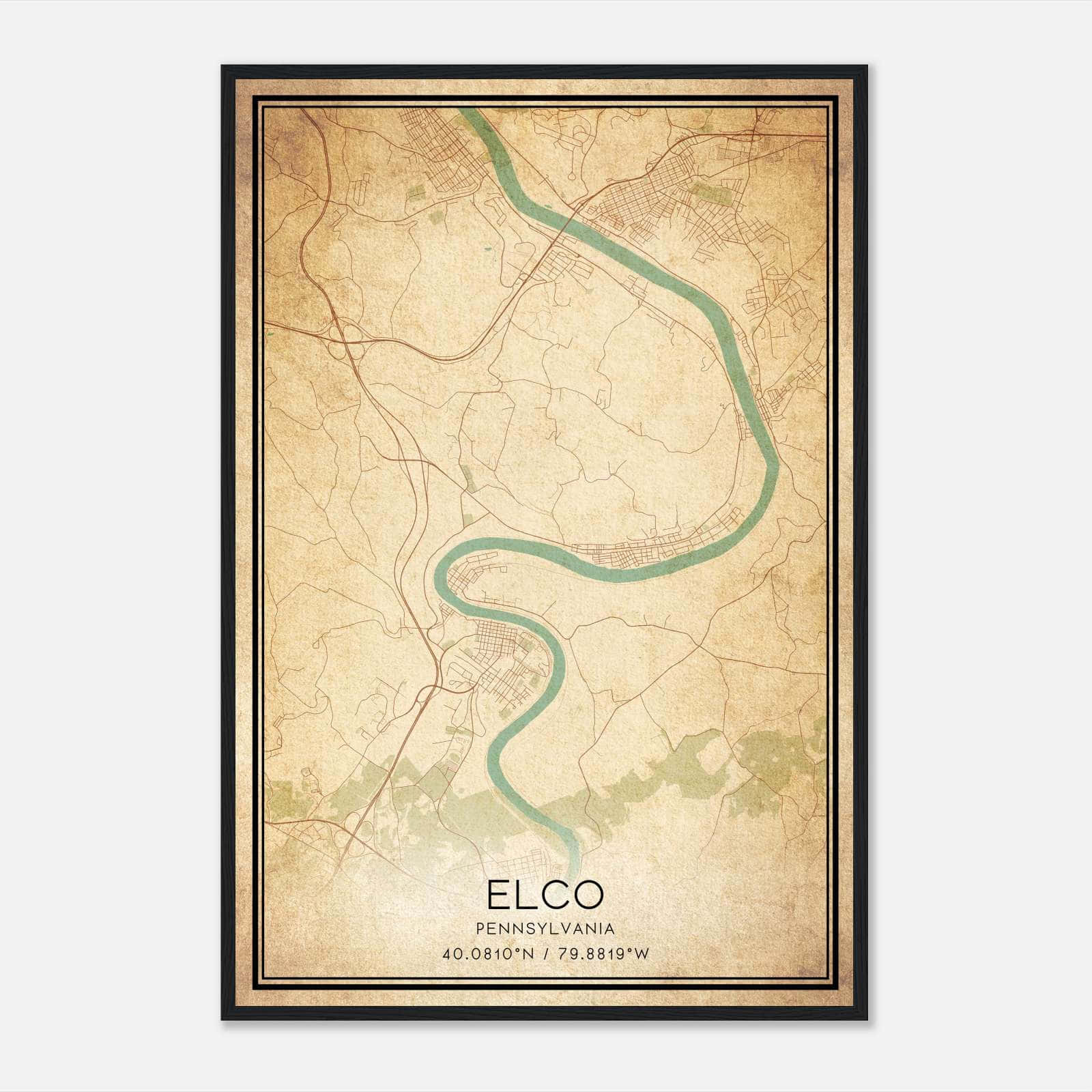 Vintage Elco Pennsylvania Map Poster, Elco PA City Road Wall Art Print Vintage Elco Pennsylvania Map Poster, Elco PA City Road Wall Art Print