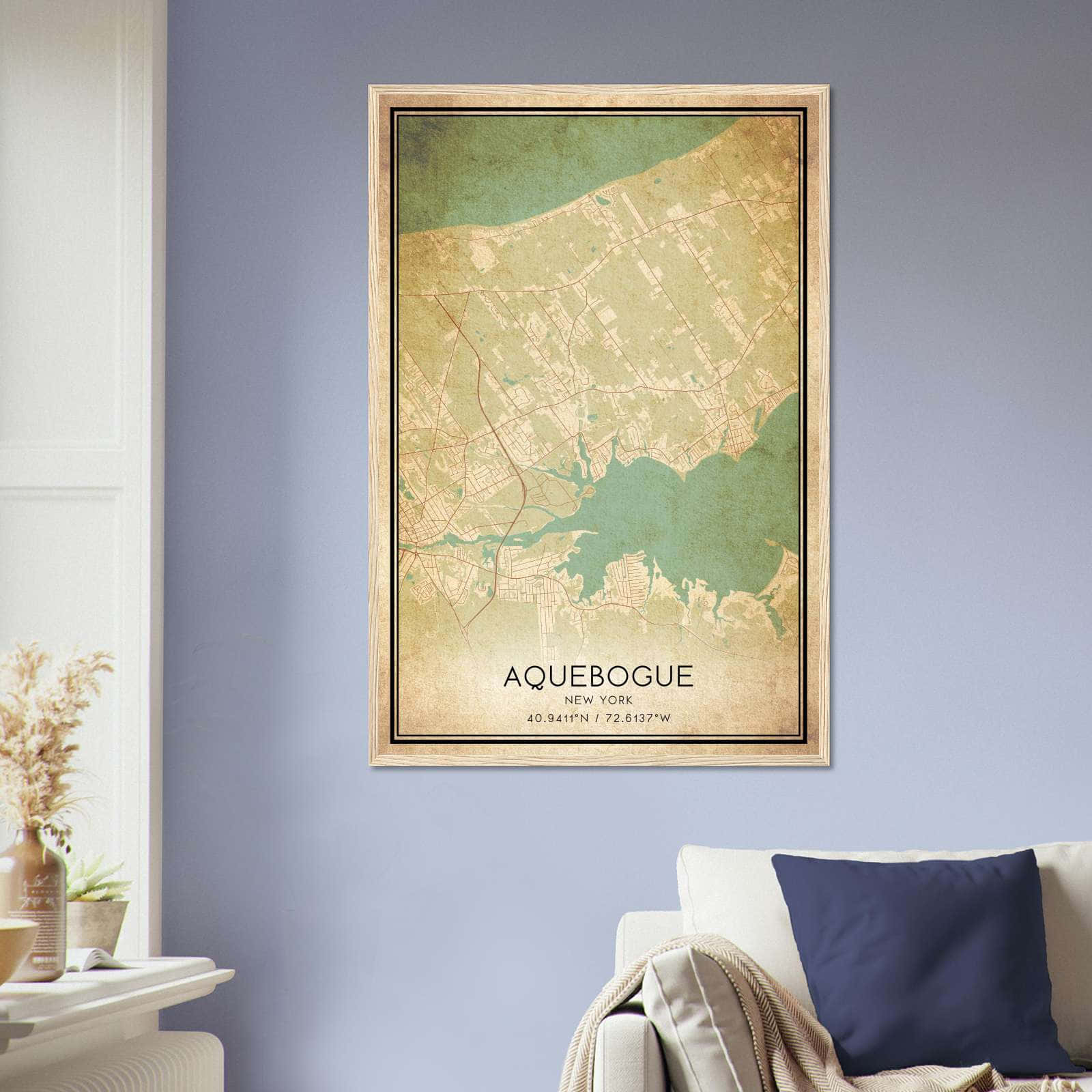 Vintage Aquebogue New York Map Poster, Aquebogue NY City Road Wall Art Print