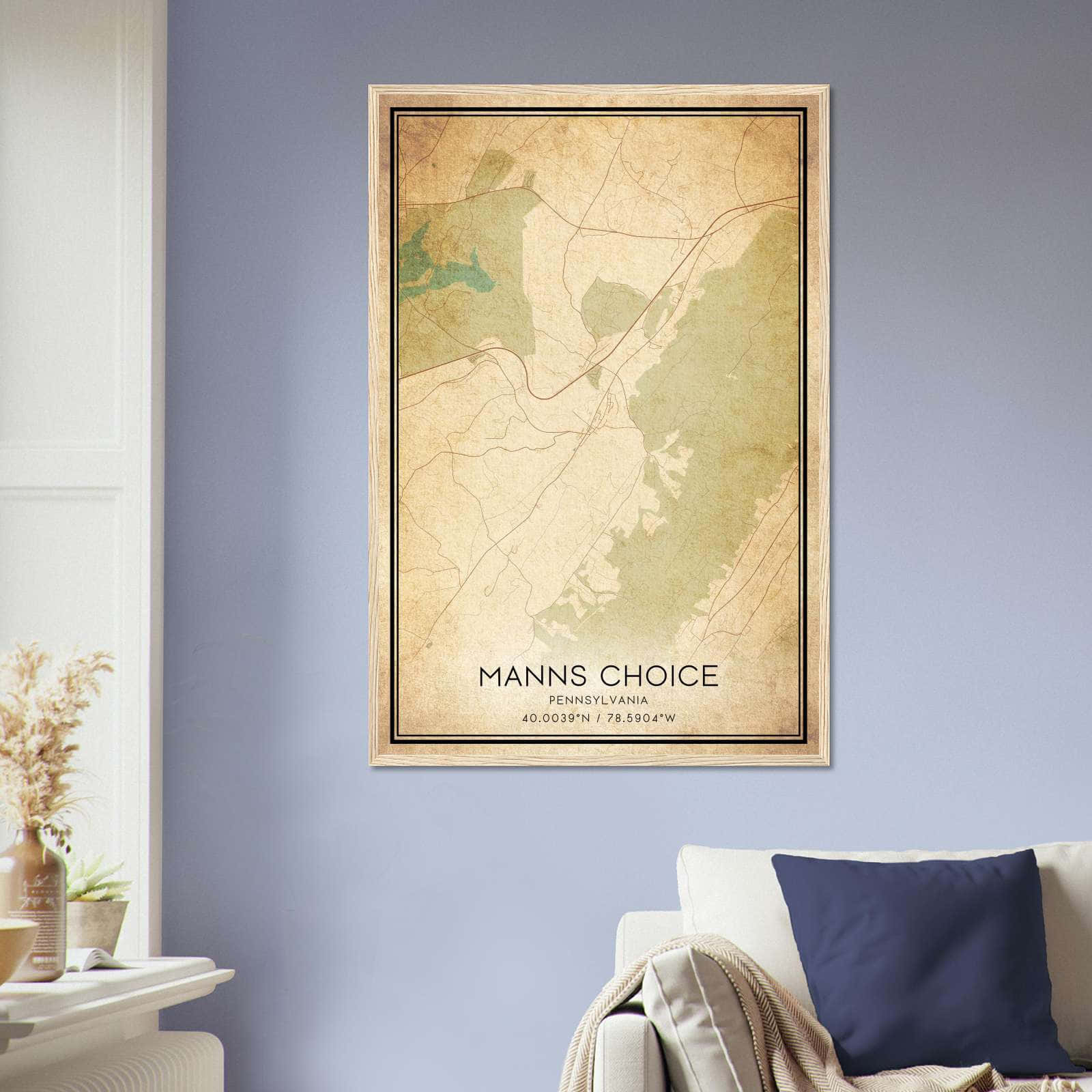 Vintage Manns Choice Pennsylvania Map Poster, Manns Choice PA City Road Wall Art Print