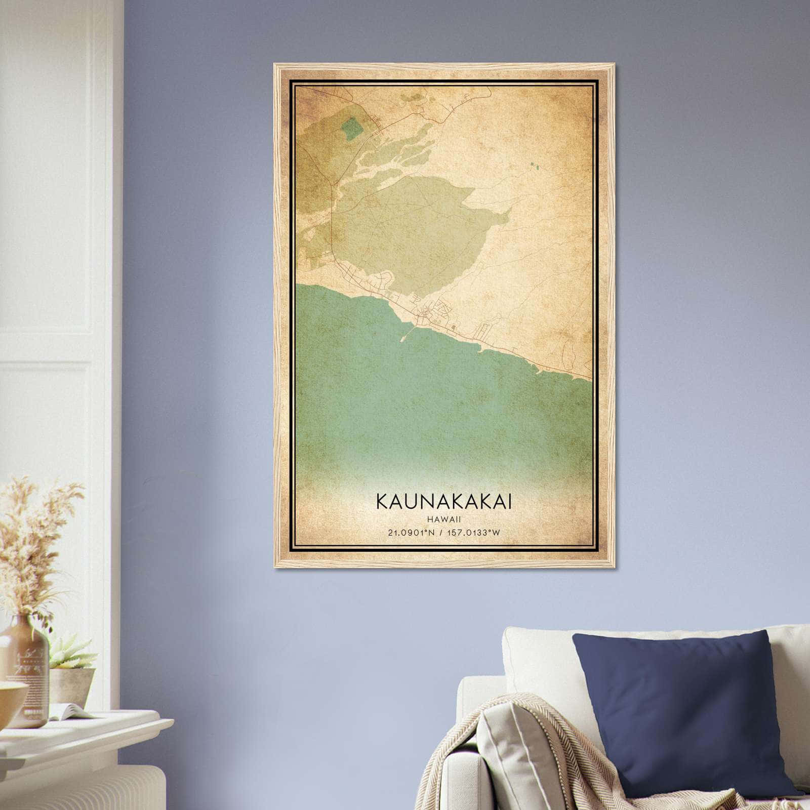 Vintage Kaunakakai Hawaii Map Poster, Kaunakakai HI City Road Wall Art Print