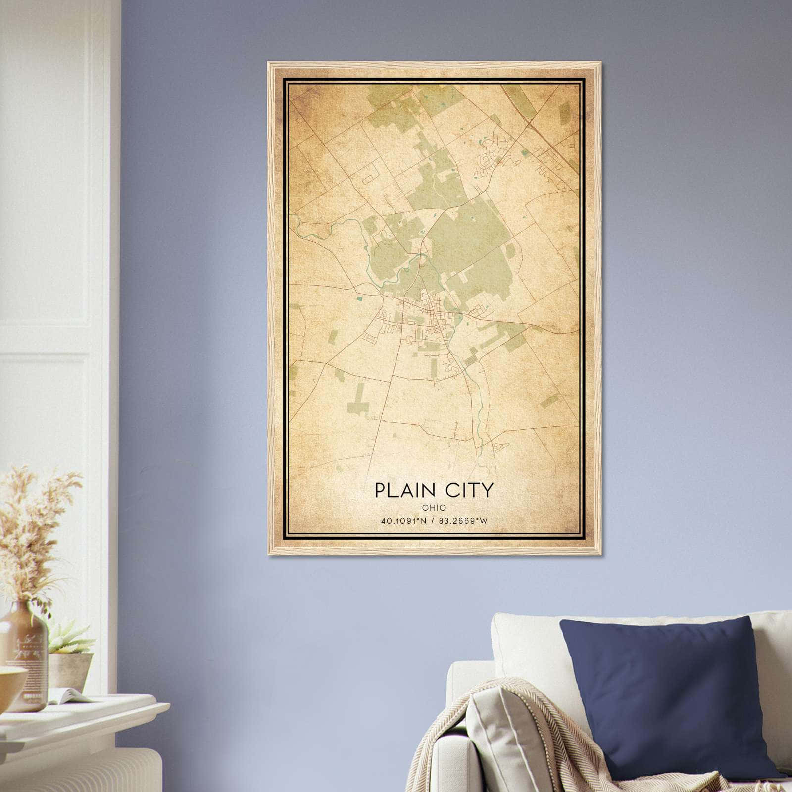 Vintage Plain City Ohio Map Poster, Plain City OH City Road Wall Art Print