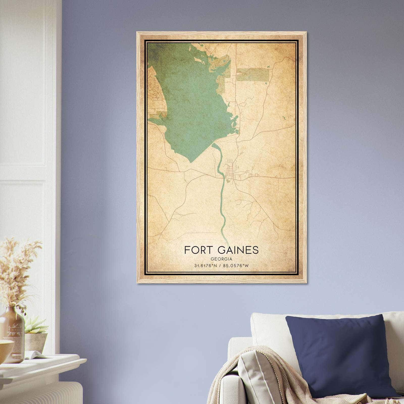 Vintage Fort Gaines Georgia Map Poster, Fort Gaines GA City Road Wall Art Print