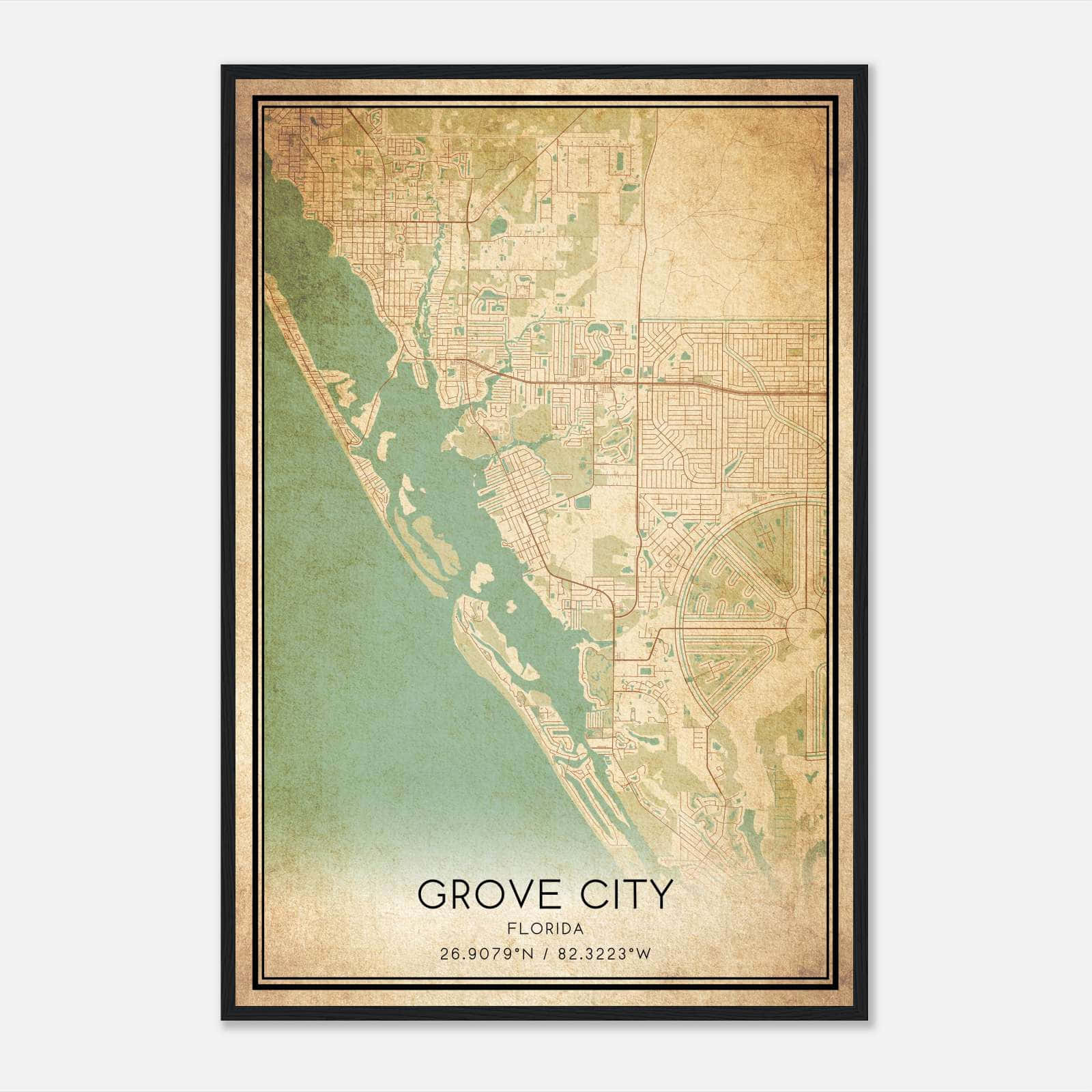 Vintage Grove City Florida Map Poster, Grove City FL City Road Wall Art Print Vintage Grove City Florida Map Poster, Grove City FL City Road Wall Art Print