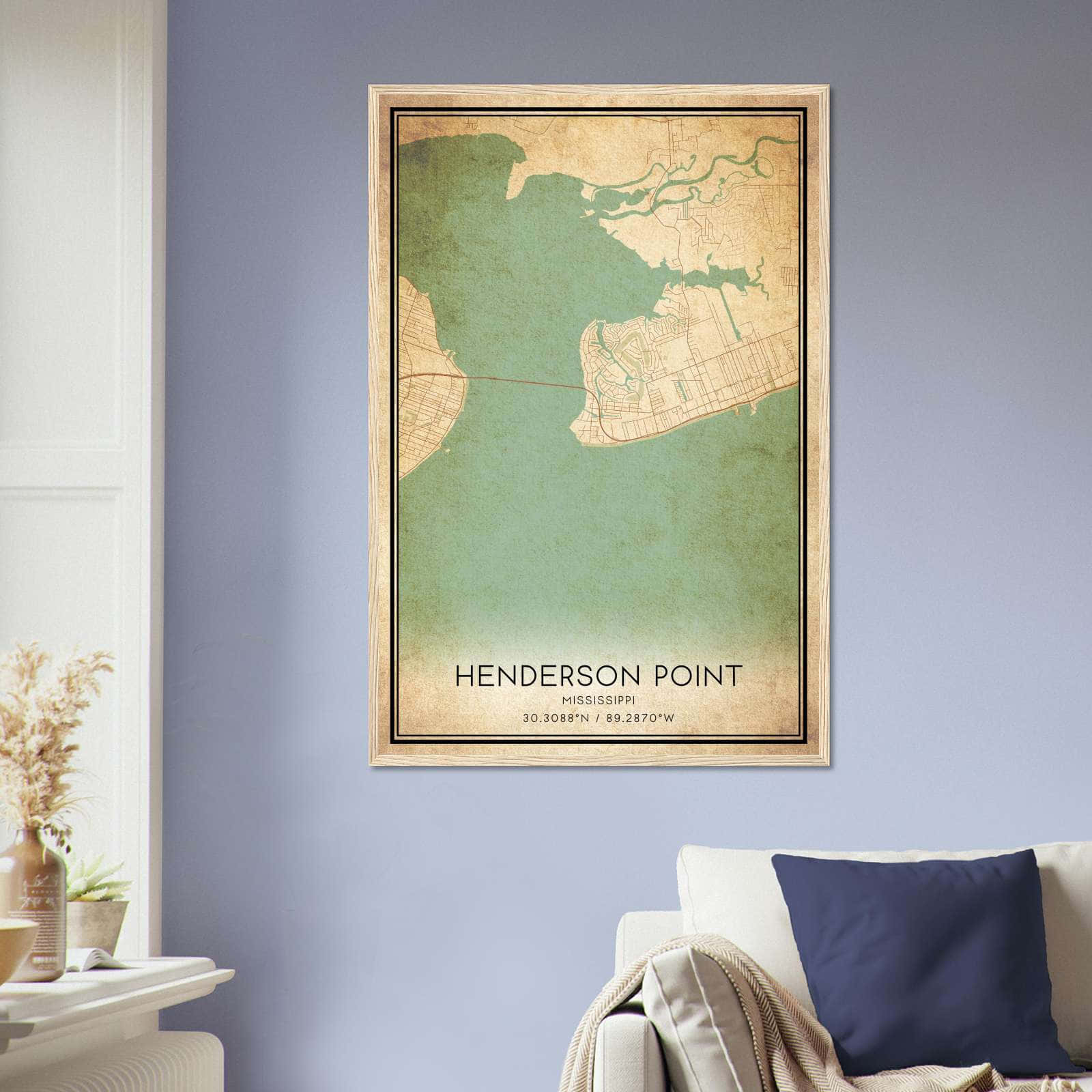 Vintage Henderson Point Mississippi Map Poster, Henderson Point MS City Road Wall Art Print