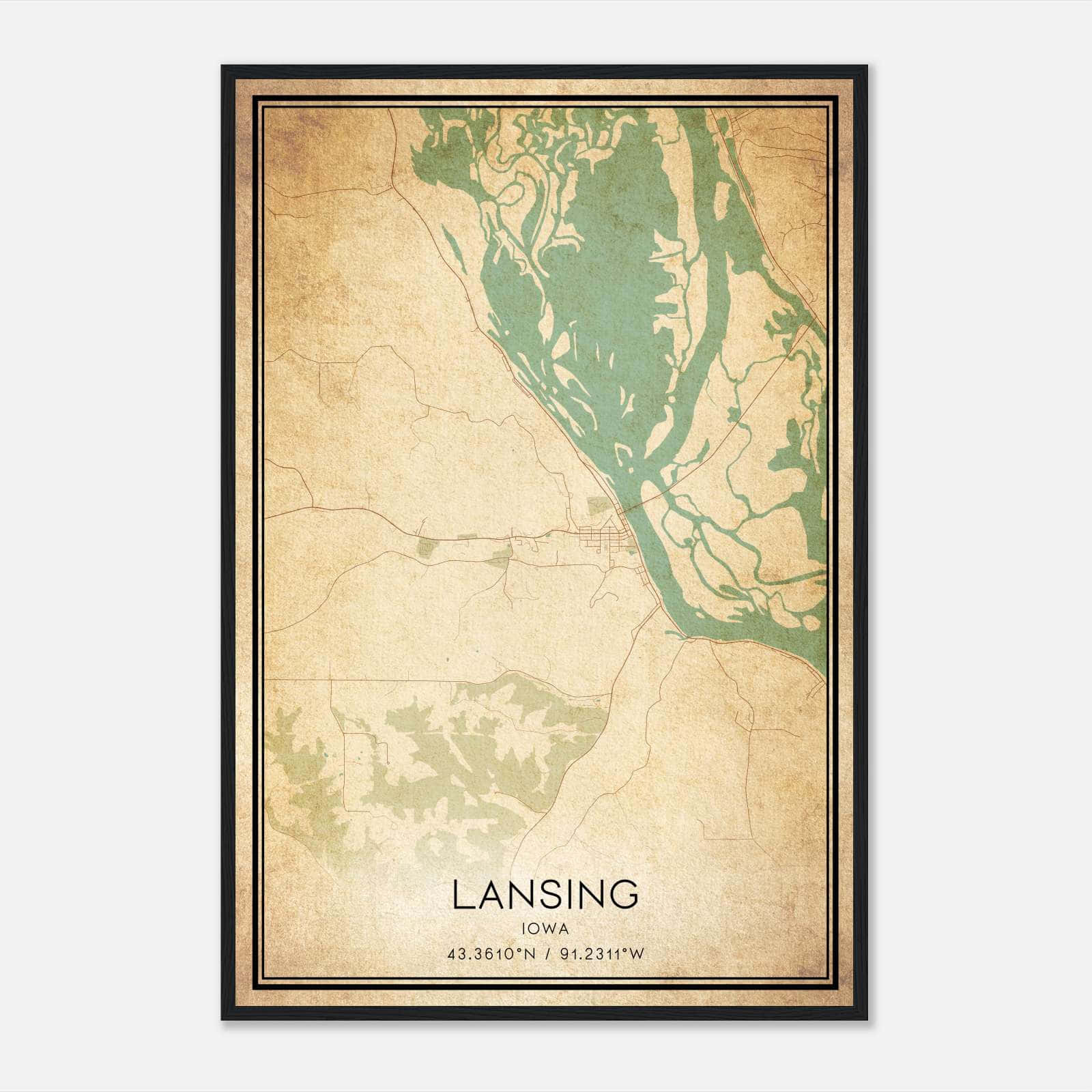 Vintage Lansing Iowa Map Poster, Lansing IA City Road Wall Art Print Vintage Lansing Iowa Map Poster, Lansing IA City Road Wall Art Print