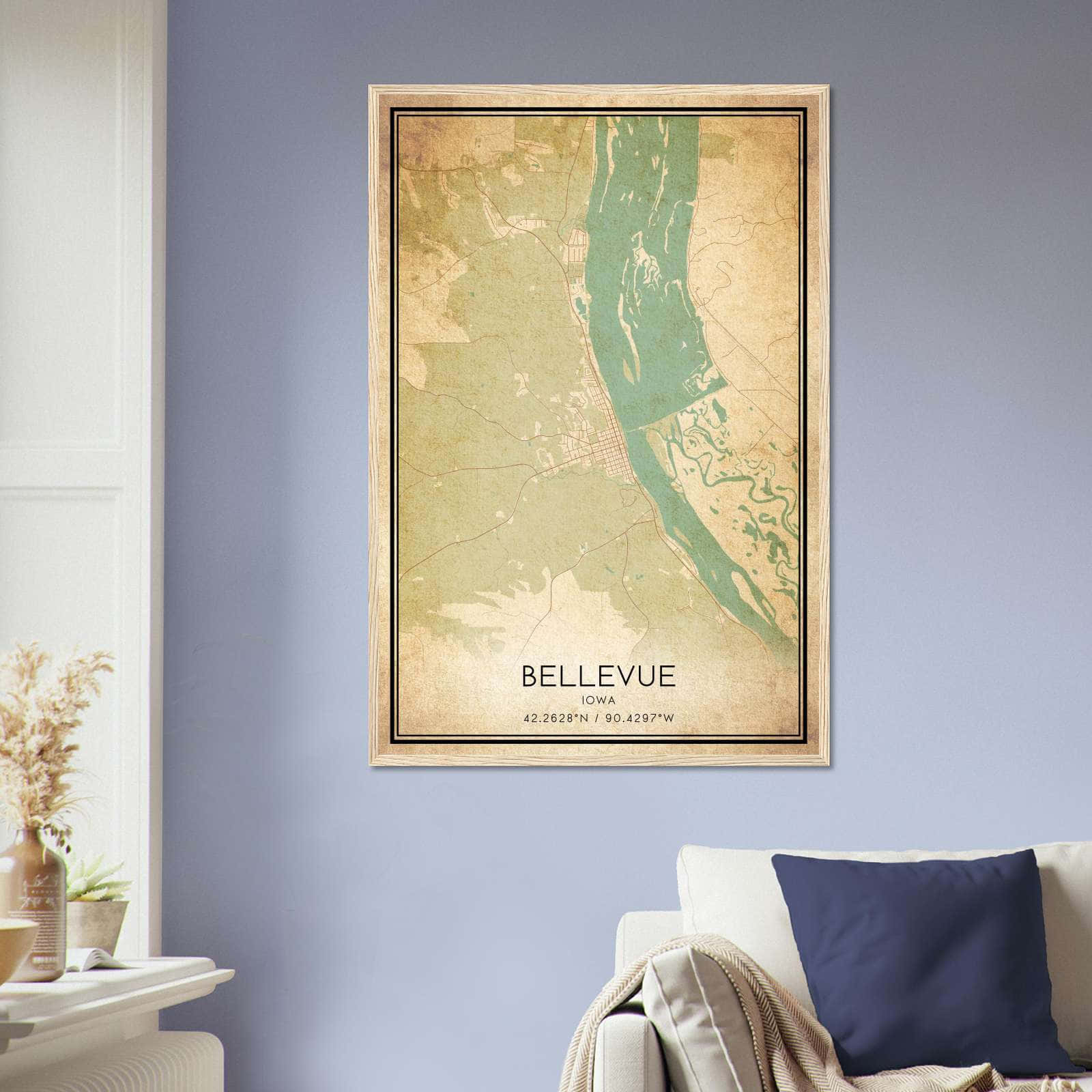 Vintage Bellevue Iowa Map Poster, Bellevue IA City Road Wall Art Print