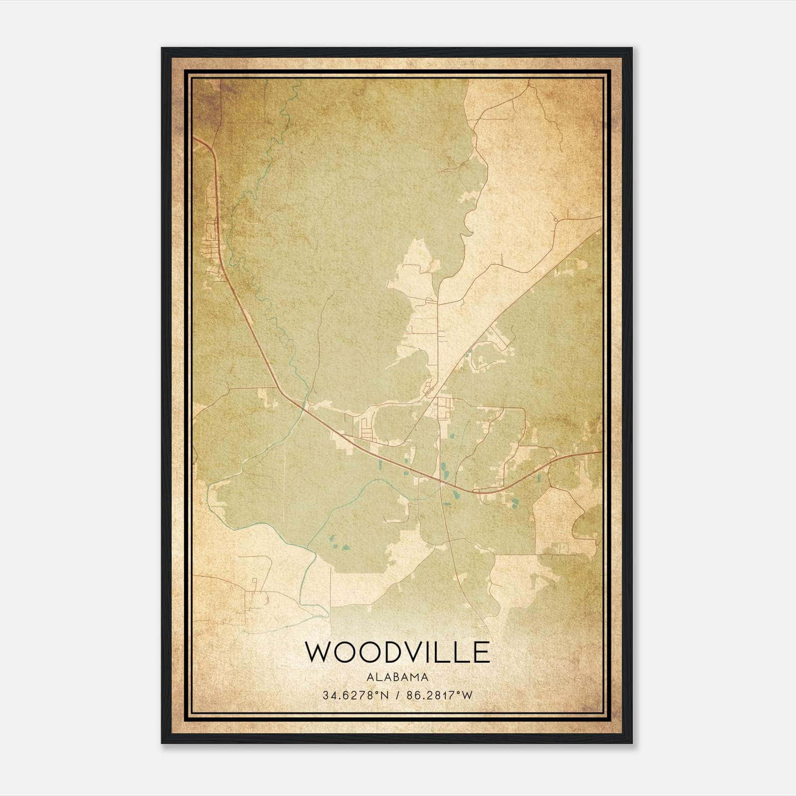 Vintage Woodville Alabama Map Poster, Woodville AL City Road Wall Art Print Vintage Woodville Alabama Map Poster, Woodville AL City Road Wall Art Print