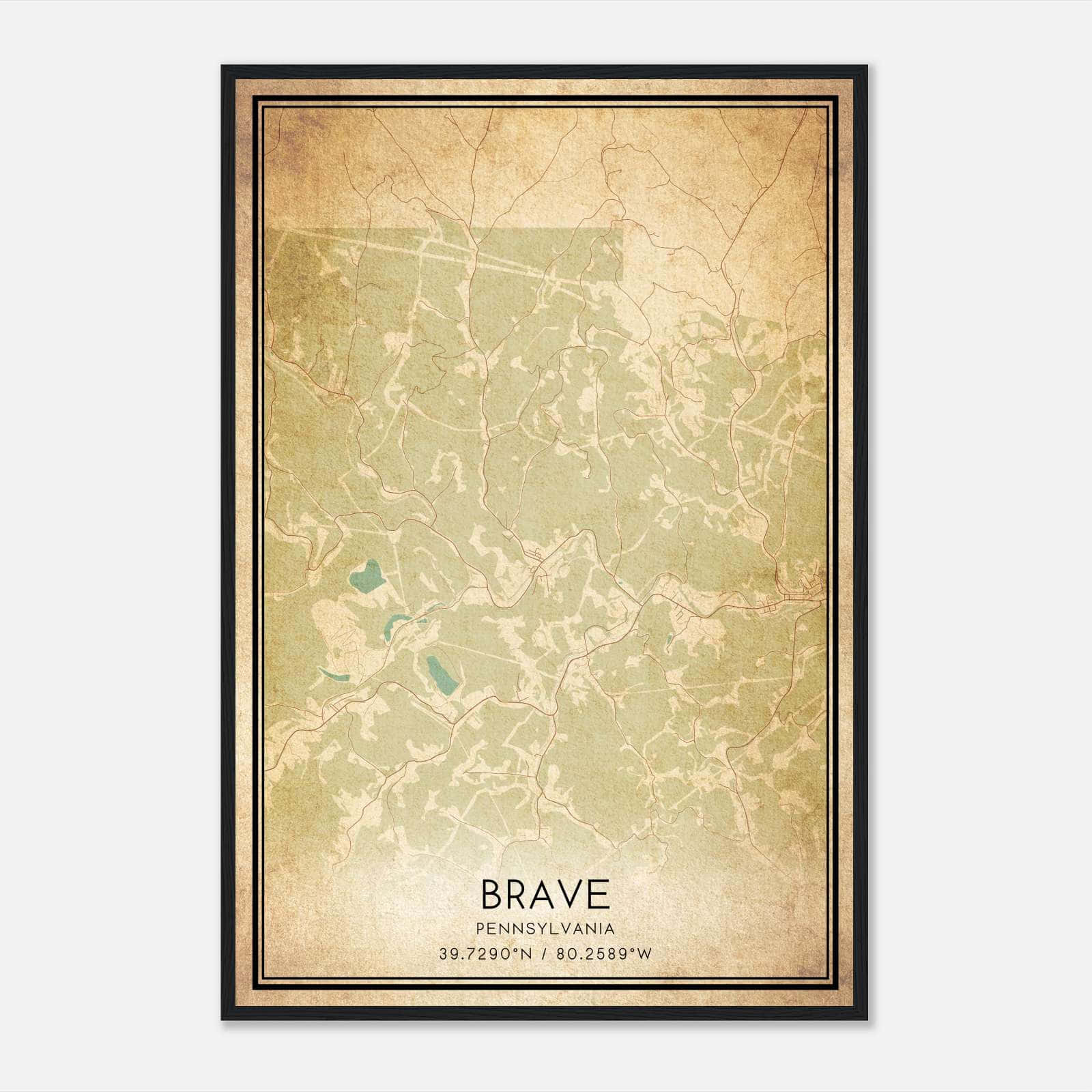 Vintage Brave Pennsylvania Map Poster, Brave PA City Road Wall Art Print Vintage Brave Pennsylvania Map Poster, Brave PA City Road Wall Art Print