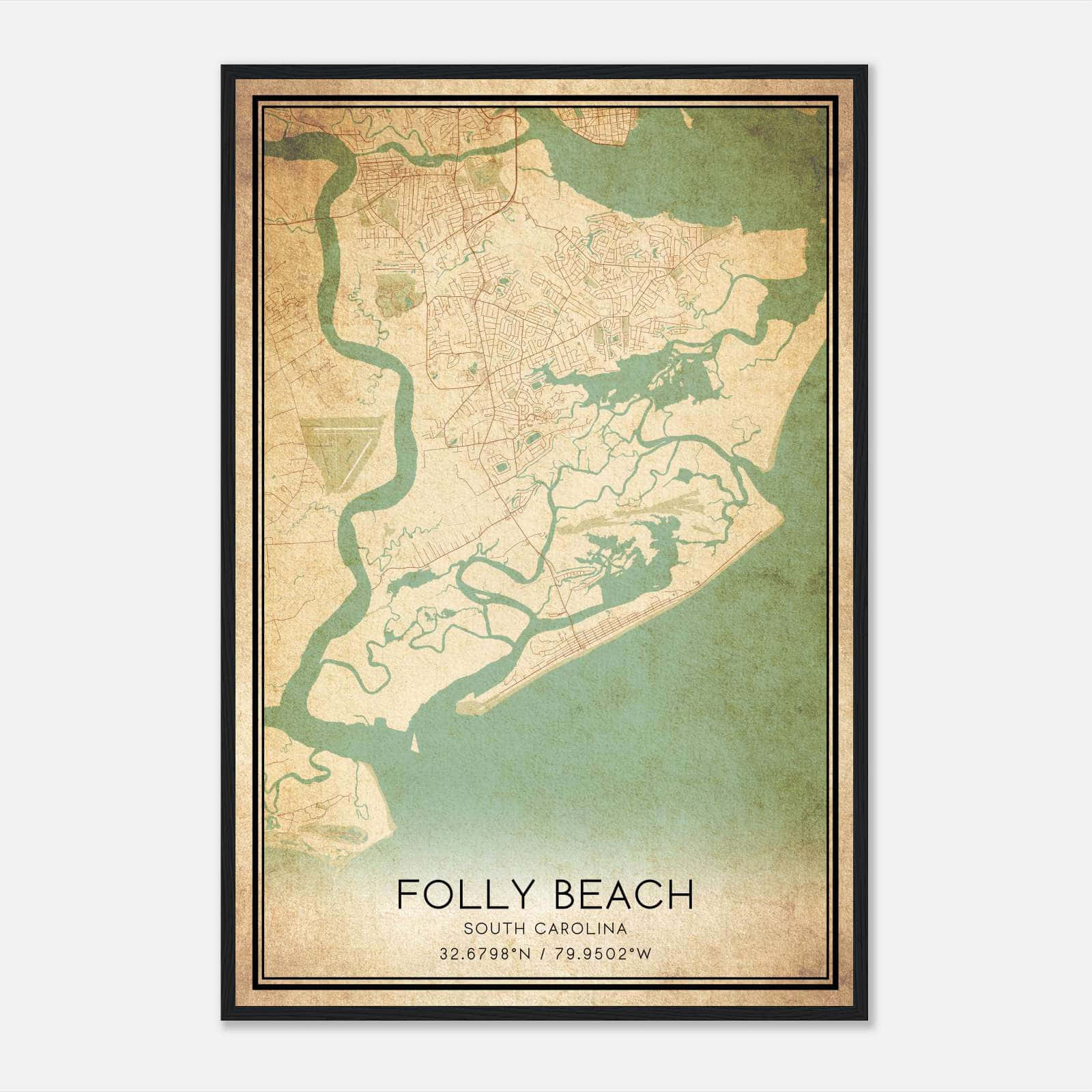Vintage Folly Beach South Carolina Map Poster, Folly Beach SC City Road Wall Art Print Vintage Folly Beach South Carolina Map Poster, Folly Beach SC City Road Wall Art Print