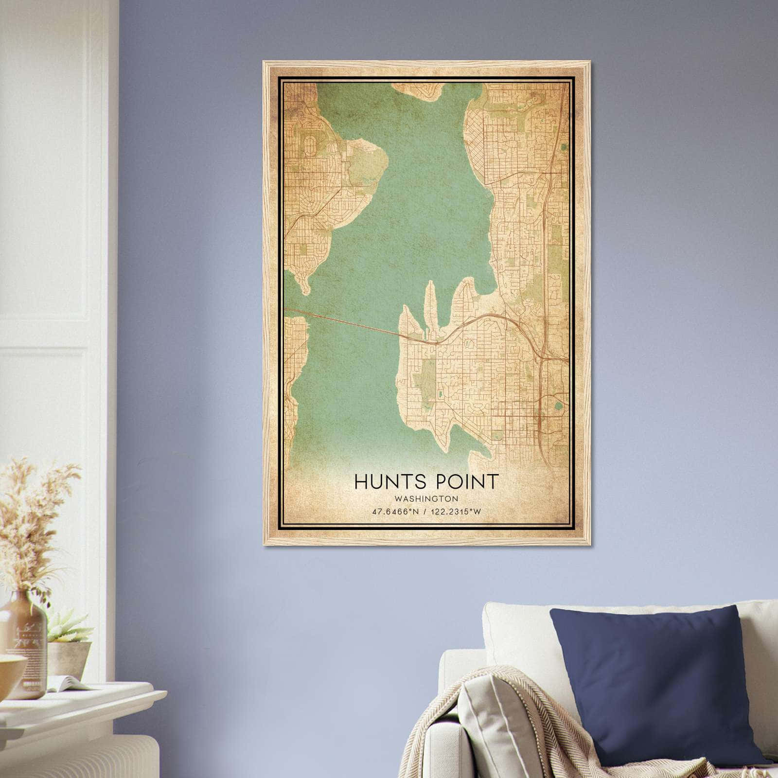 Vintage Hunts Point Washington Map Poster, Hunts Point WA City Road Wall Art Print
