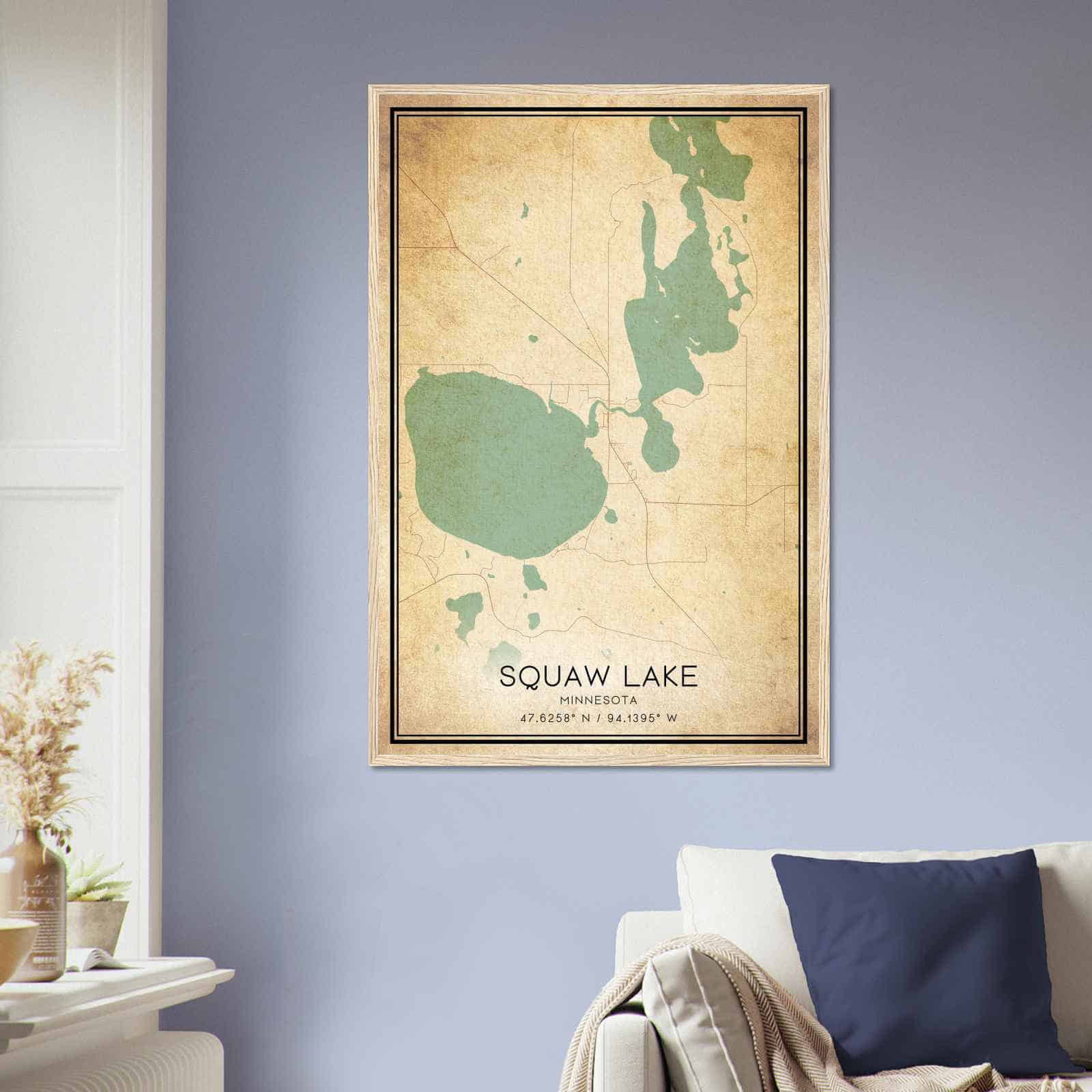 Vintage Squaw Lake Minnesota Map Poster, Squaw Lake MN City Road Wall Art Print