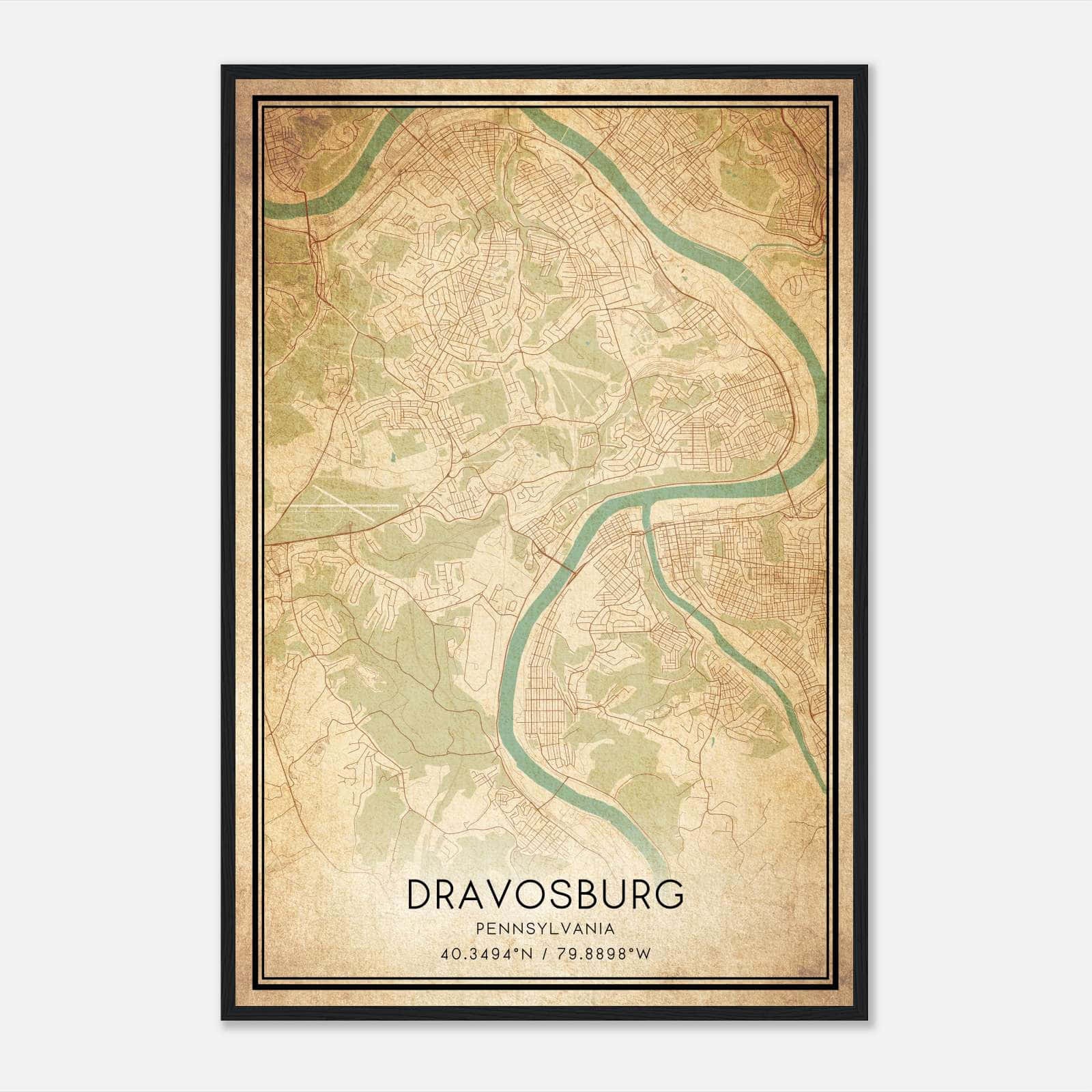 Vintage Dravosburg Pennsylvania Map Poster, Dravosburg PA City Road Wall Art Print Vintage Dravosburg Pennsylvania Map Poster, Dravosburg PA City Road Wall Art Print
