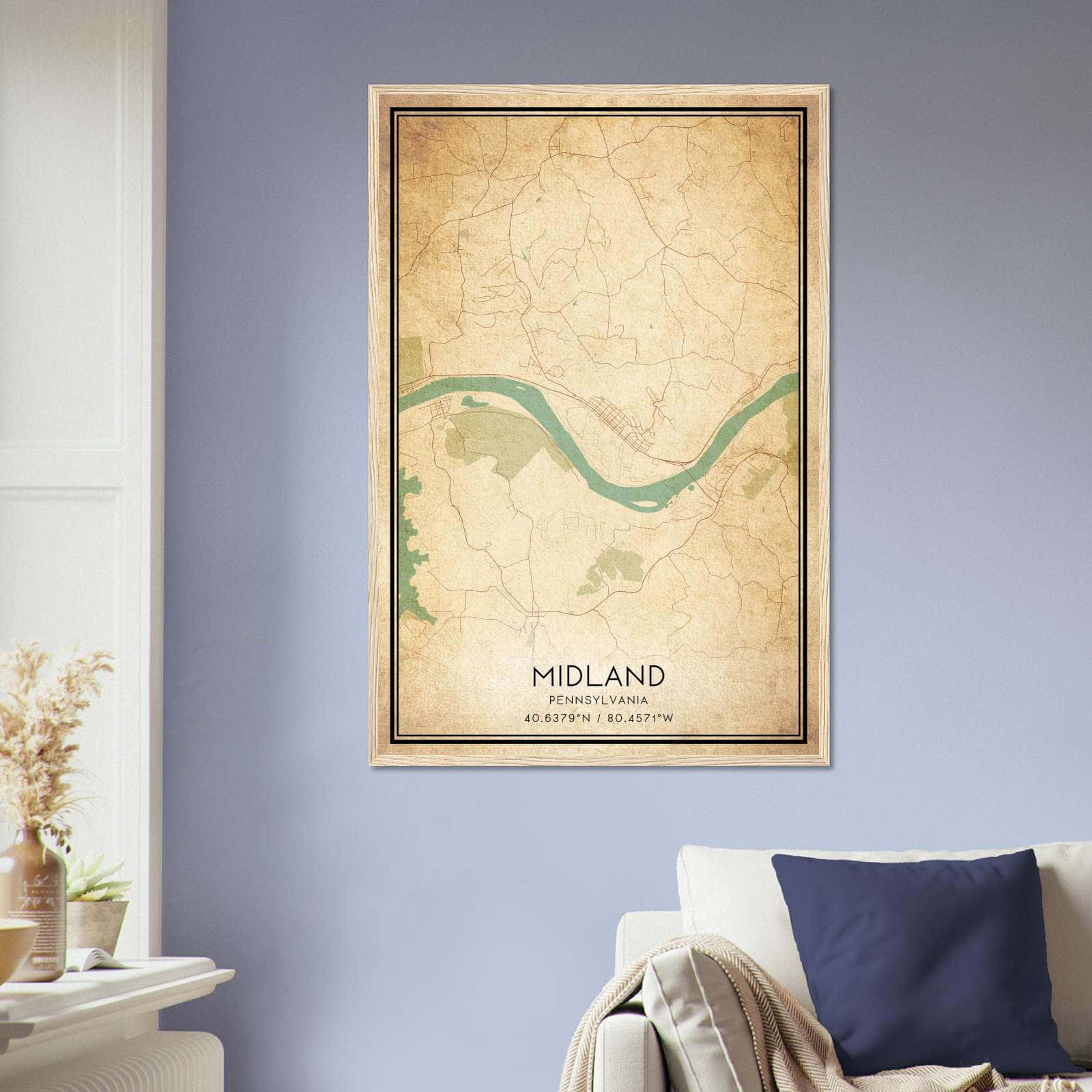 Vintage Midland Pennsylvania Map Poster, Midland PA City Road Wall Art Print