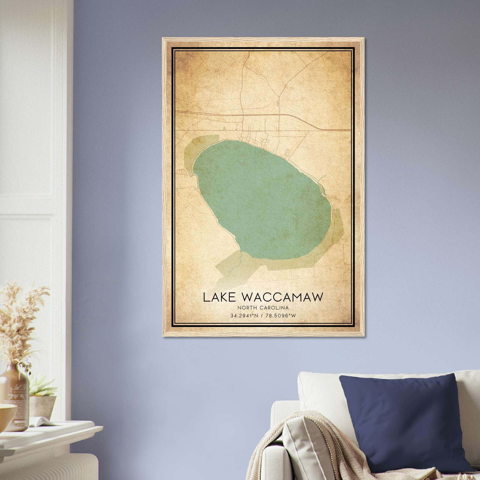 Vintage Lake Waccamaw North Carolina Map Poster, Lake Waccamaw NC City Road Wall Art Print