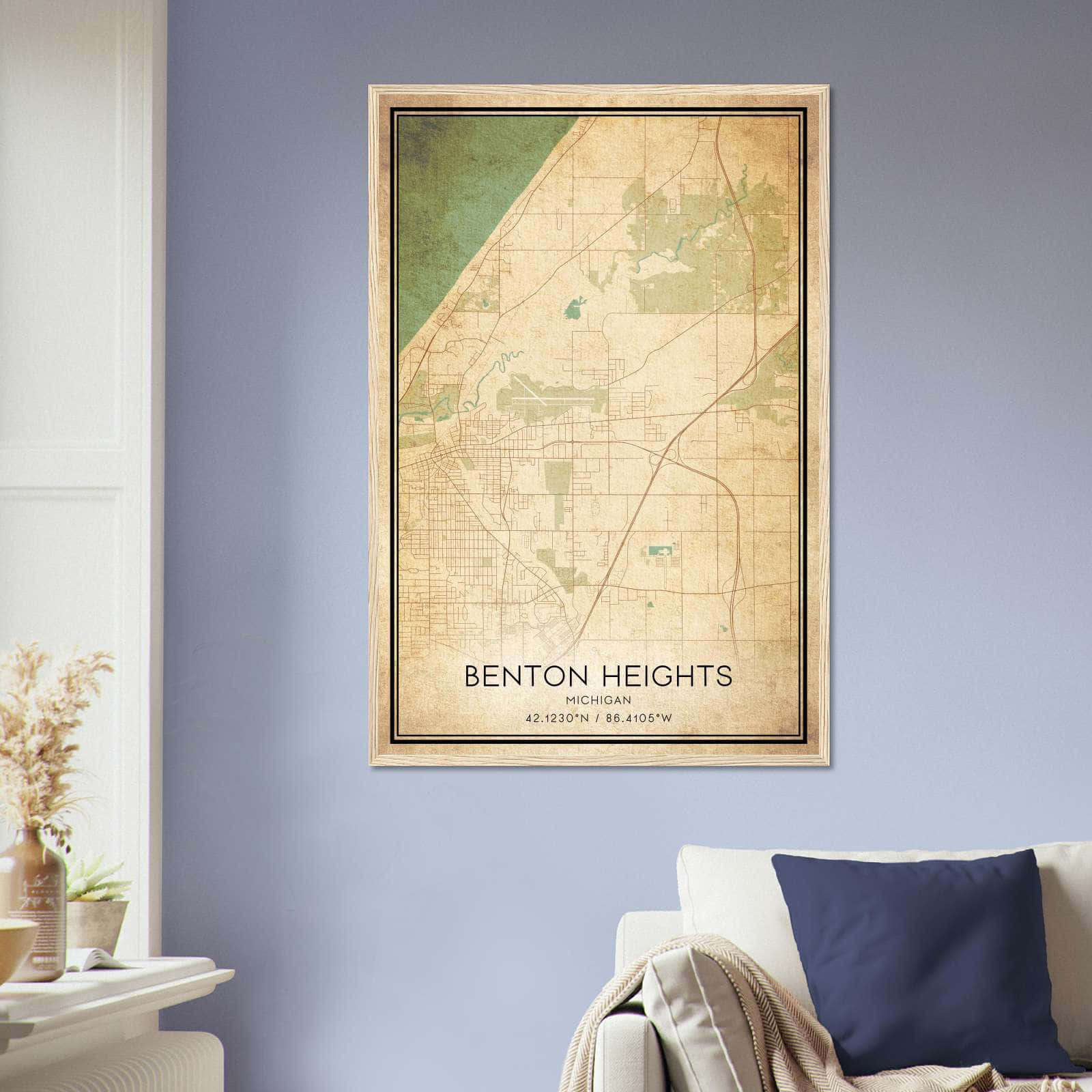 Vintage Benton Heights Michigan Map Poster, Benton Heights MI City Road Wall Art Print