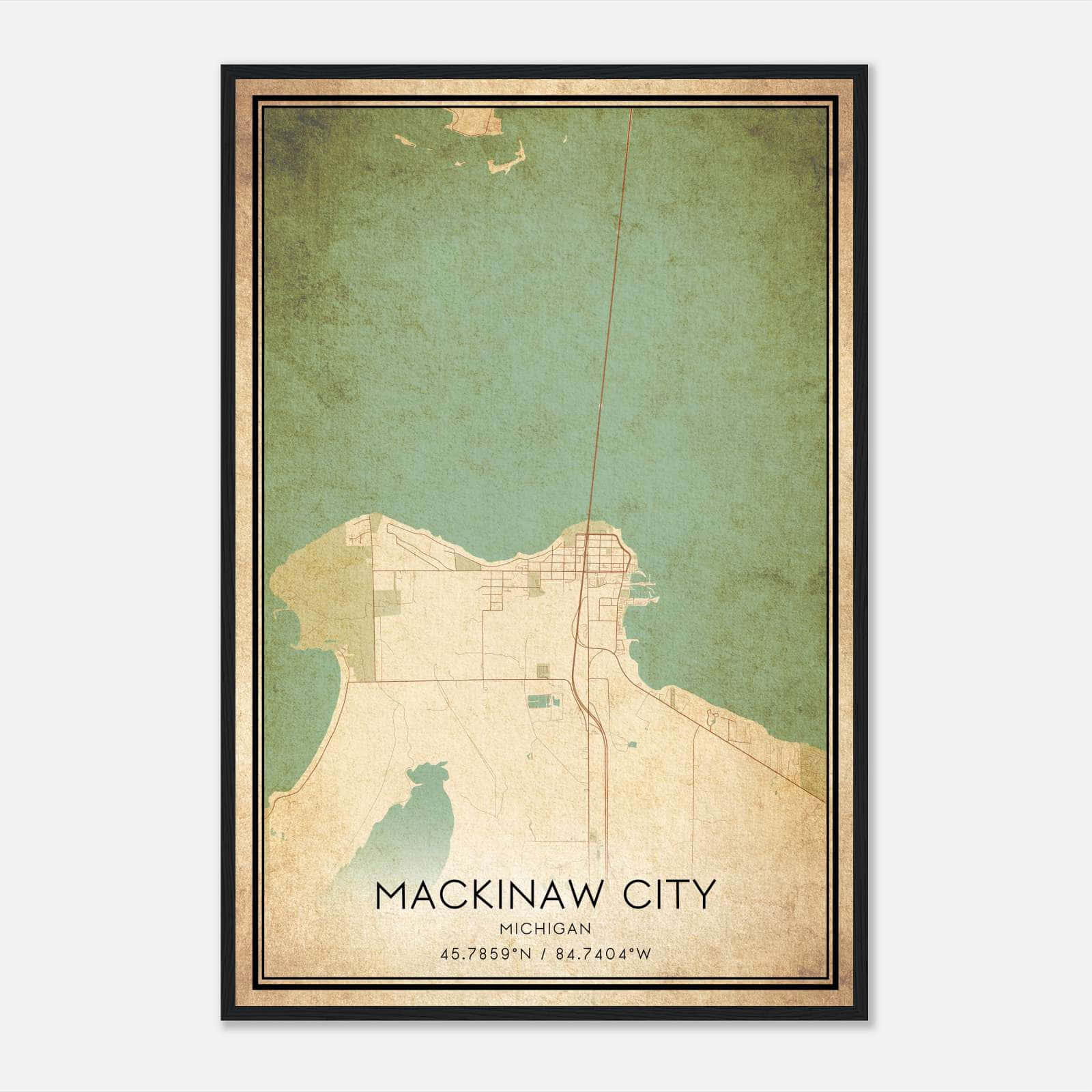 Vintage Mackinaw City Michigan Map Poster, Mackinaw City MI City Road
