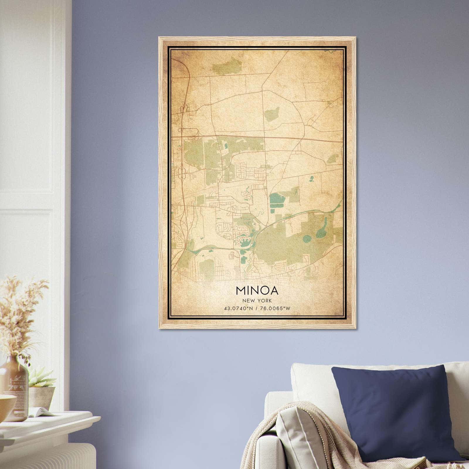 Vintage Minoa New York Map Poster, Minoa NY City Road Wall Art Print