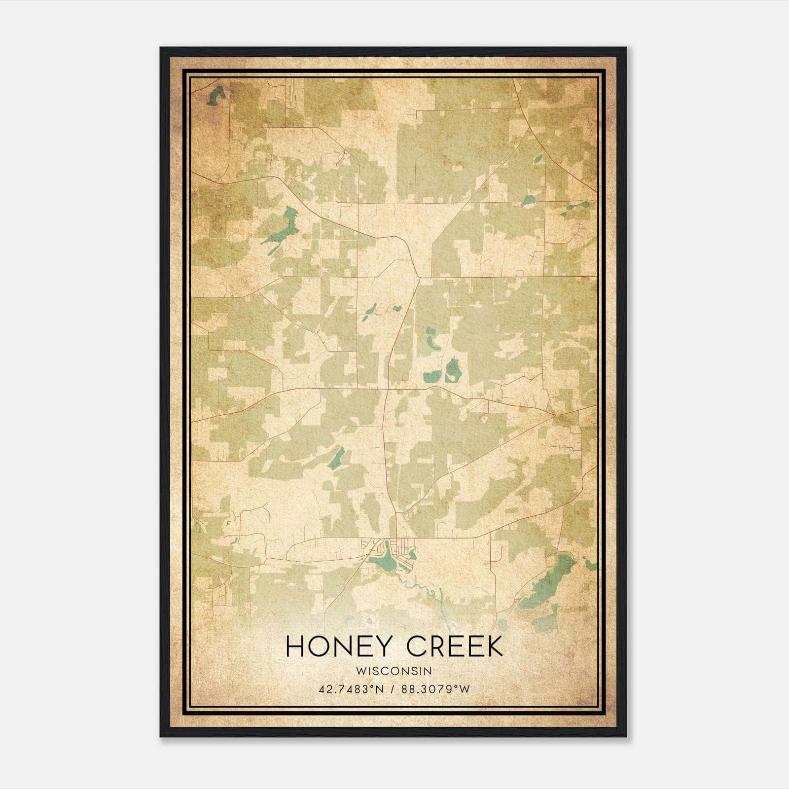 Vintage Honey Creek Wisconsin Map Poster, Honey Creek WI City Road Wall Art Print Vintage Honey Creek Wisconsin Map Poster, Honey Creek WI City Road Wall Art Print