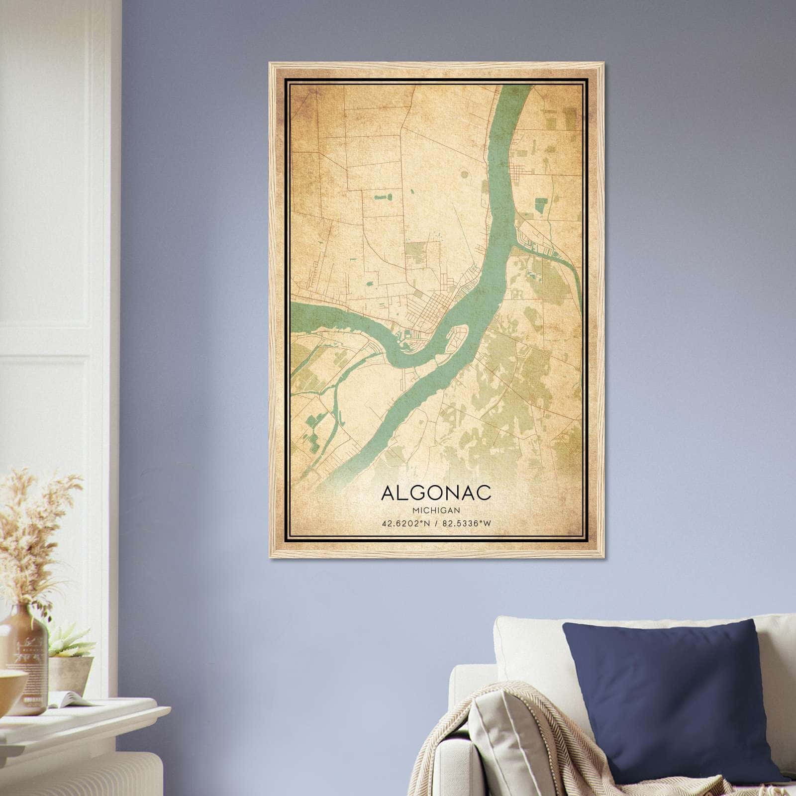 Vintage Algonac Michigan Map Poster, Algonac MI City Road Wall Art Print