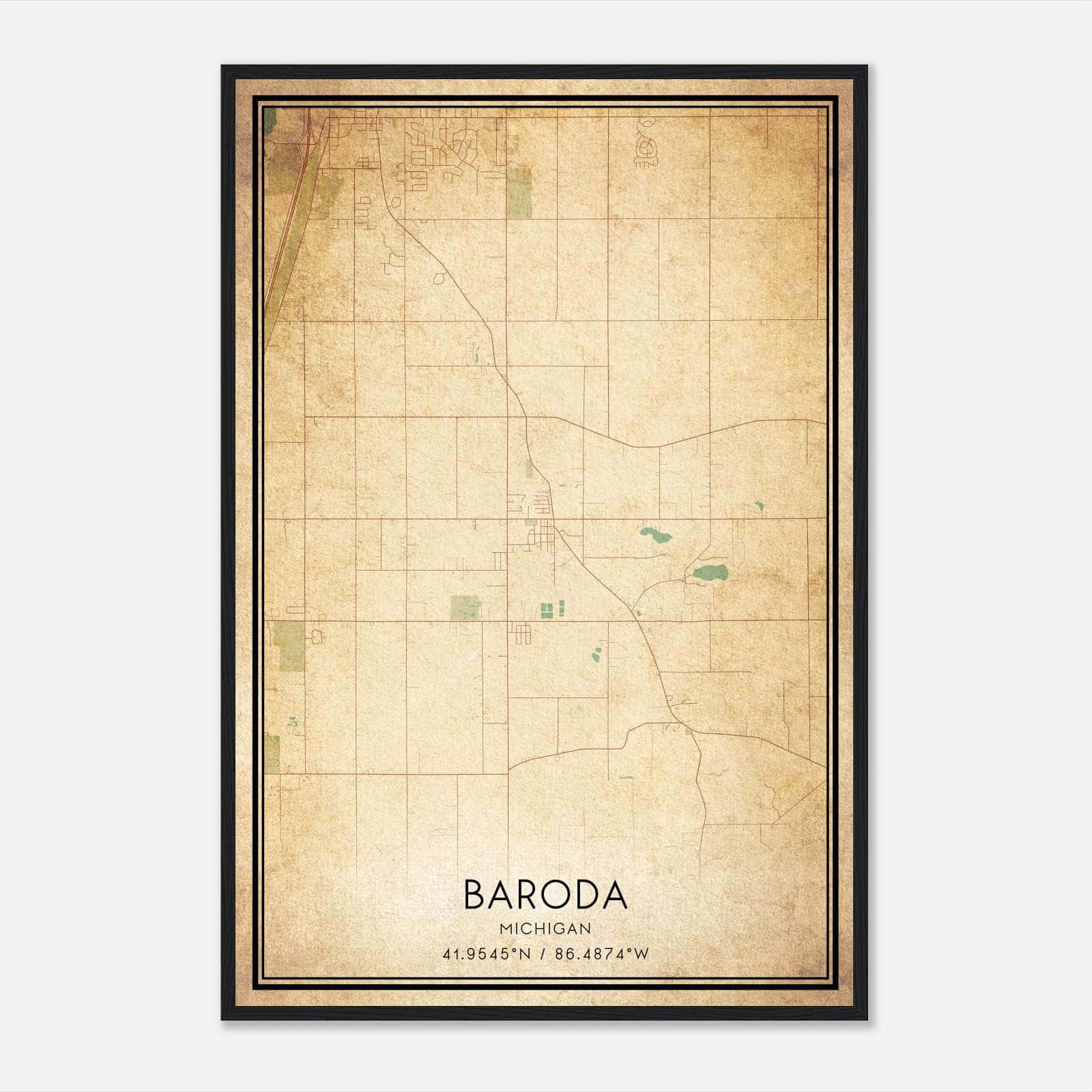 Vintage Baroda Michigan Map Poster, Baroda MI City Road Wall Art Print Vintage Baroda Michigan Map Poster, Baroda MI City Road Wall Art Print