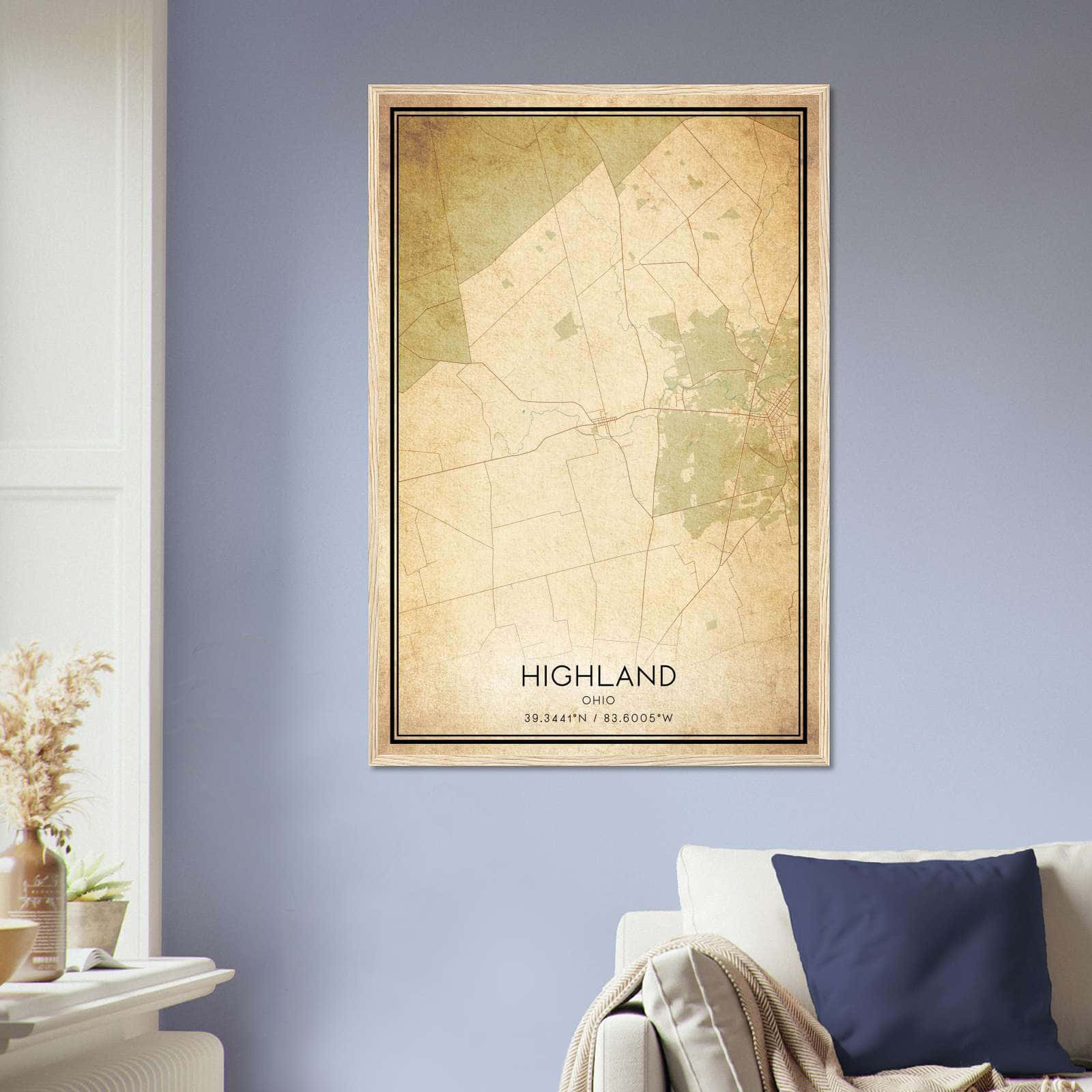 Vintage Highland Ohio Map Poster, Highland OH City Road Wall Art Print