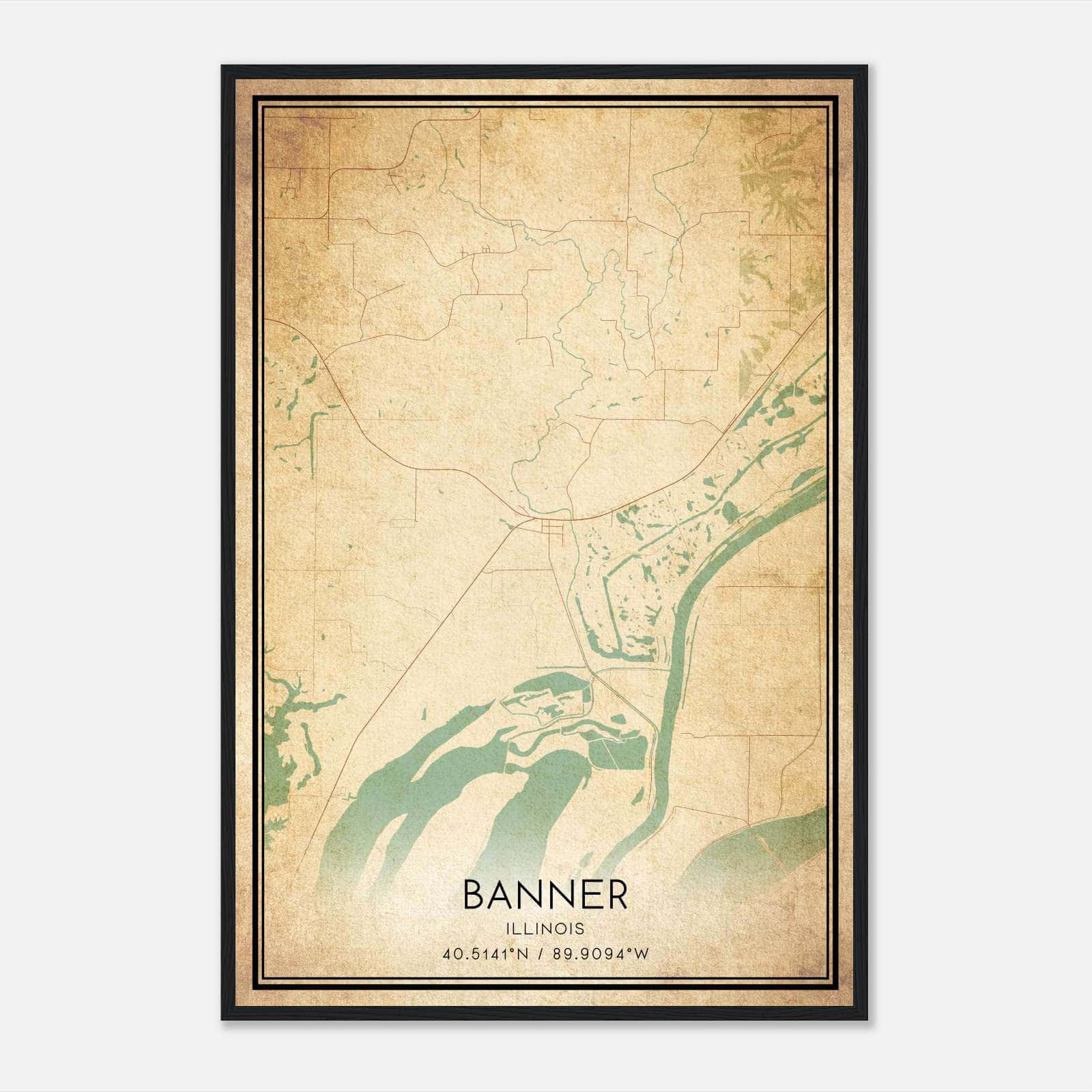 Vintage Banner Illinois Map Poster, Banner IL City Road Wall Art Print Vintage Banner Illinois Map Poster, Banner IL City Road Wall Art Print