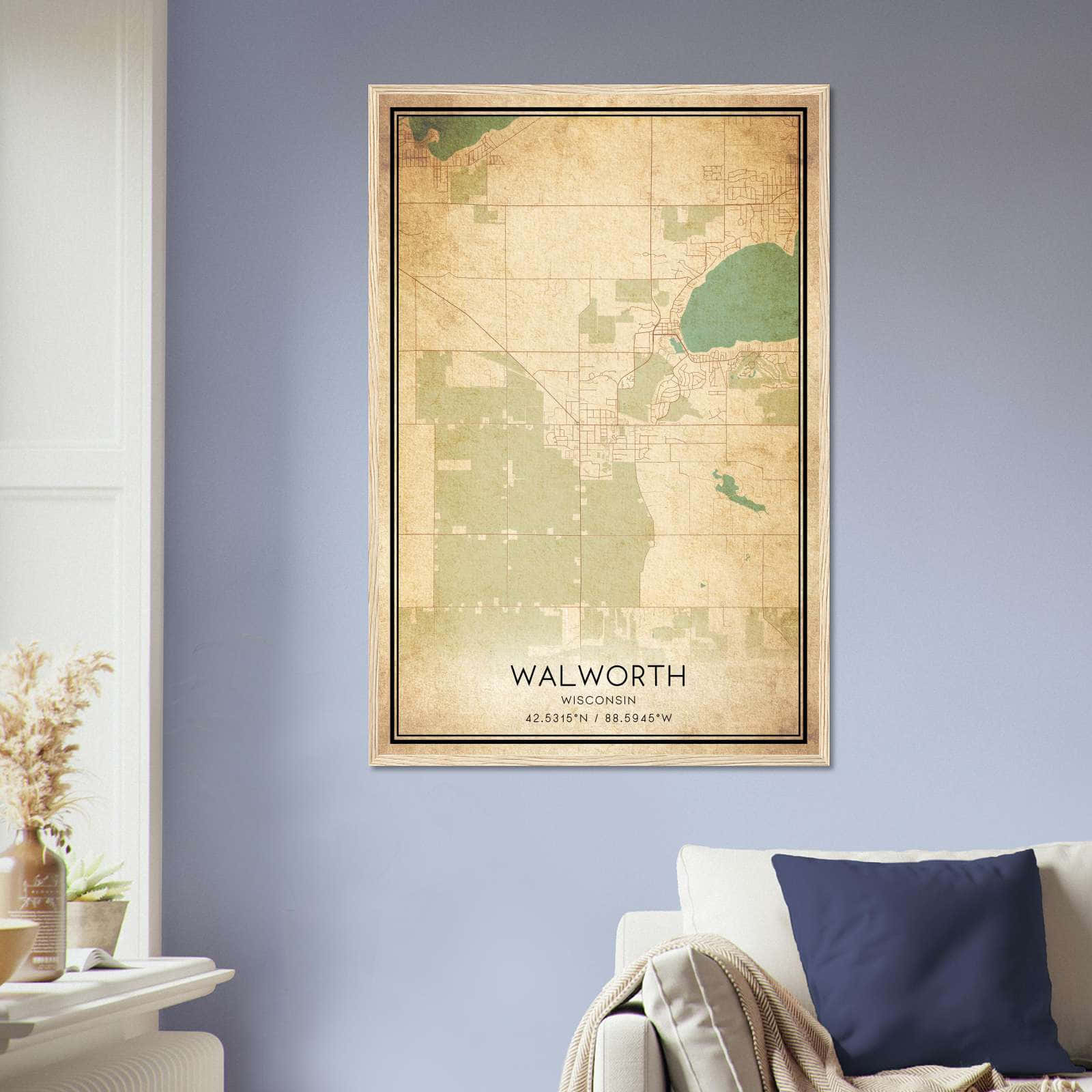 Vintage Walworth Wisconsin Map Poster, Walworth WI City Road Wall Art Print