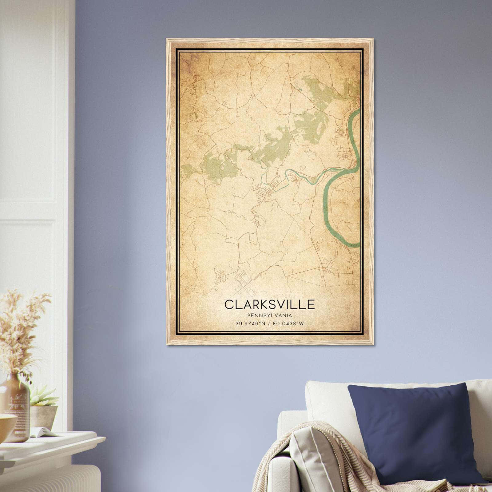 Vintage Clarksville Pennsylvania Map Poster, Clarksville PA City Road Wall Art Print