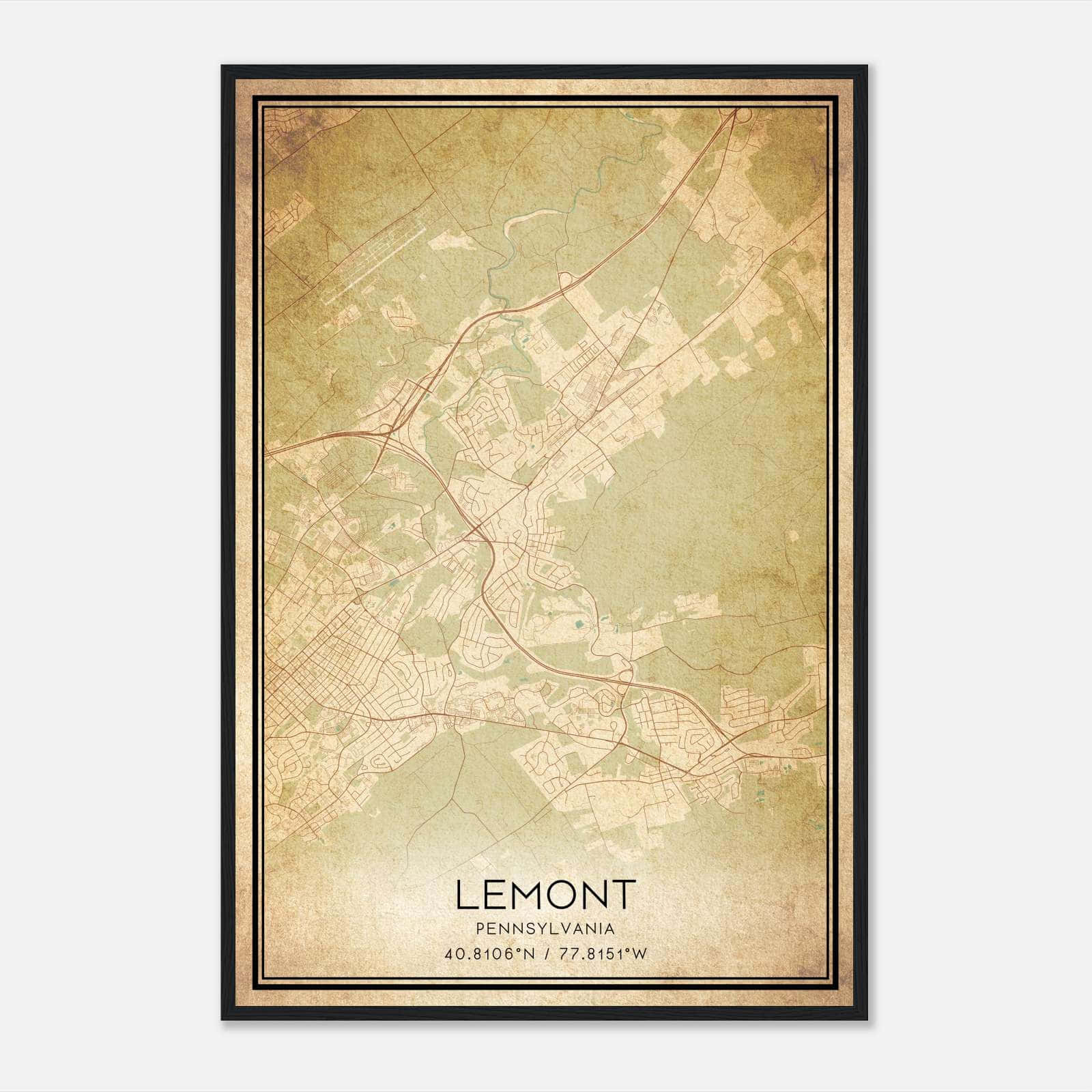 Vintage Lemont Pennsylvania Map Poster, Lemont PA City Road Wall Art Print Vintage Lemont Pennsylvania Map Poster, Lemont PA City Road Wall Art Print
