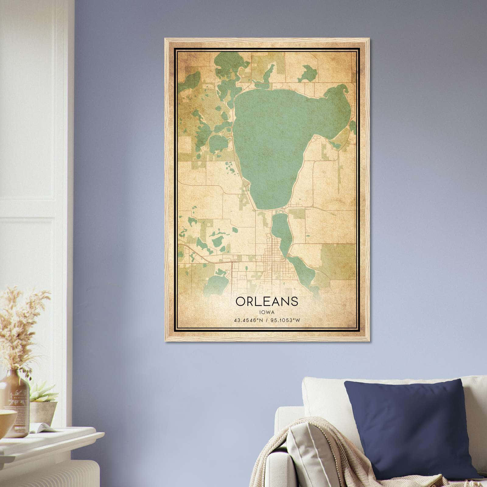 Vintage Orleans Iowa Map Poster, Orleans IA City Road Wall Art Print