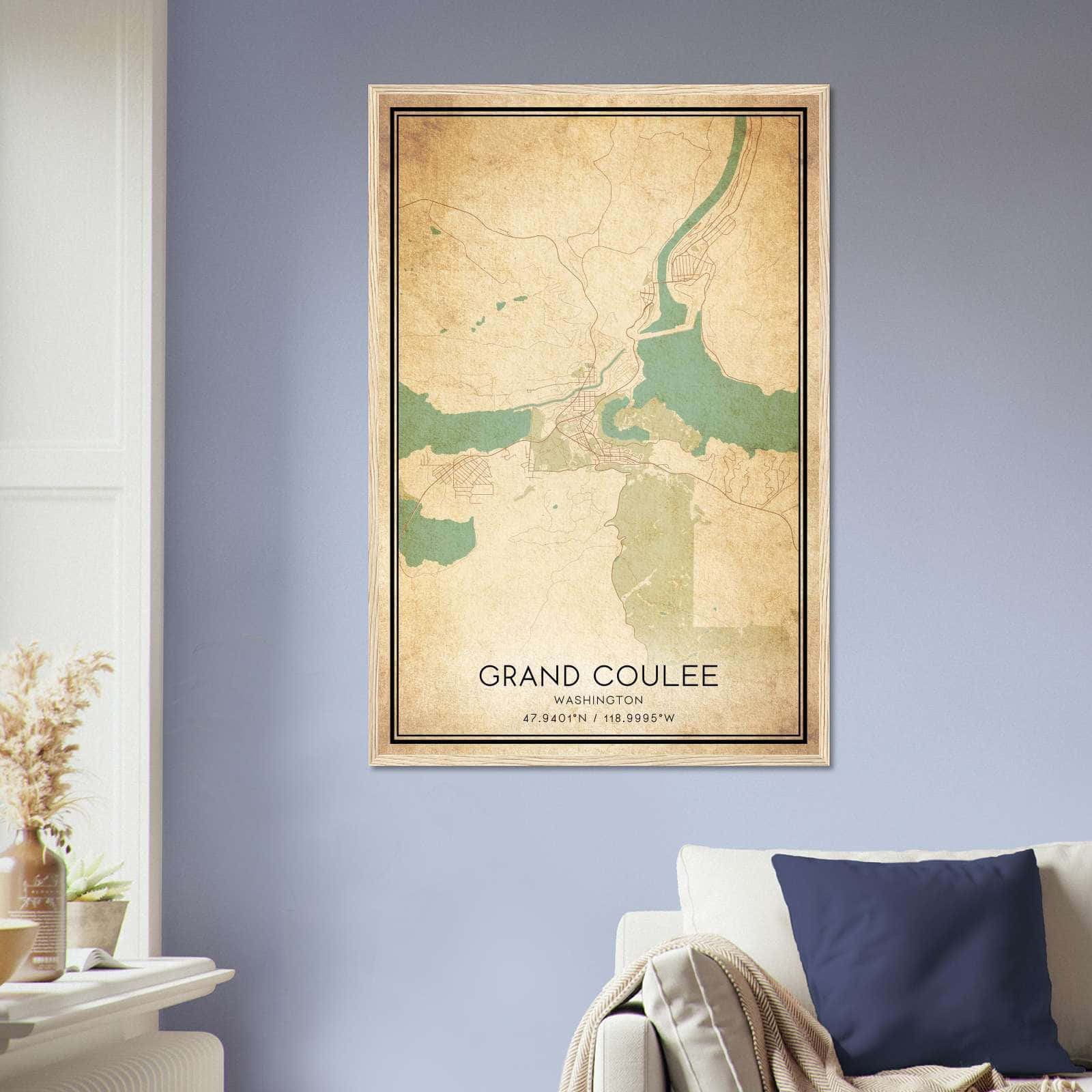 Vintage Grand Coulee Washington Map Poster, Grand Coulee WA City Road Wall Art Print