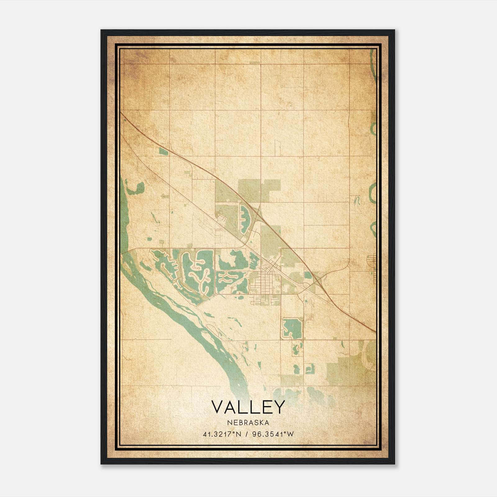 Vintage Valley Nebraska Map Poster, Valley NE City Road Wall Art Print Vintage Valley Nebraska Map Poster, Valley NE City Road Wall Art Print