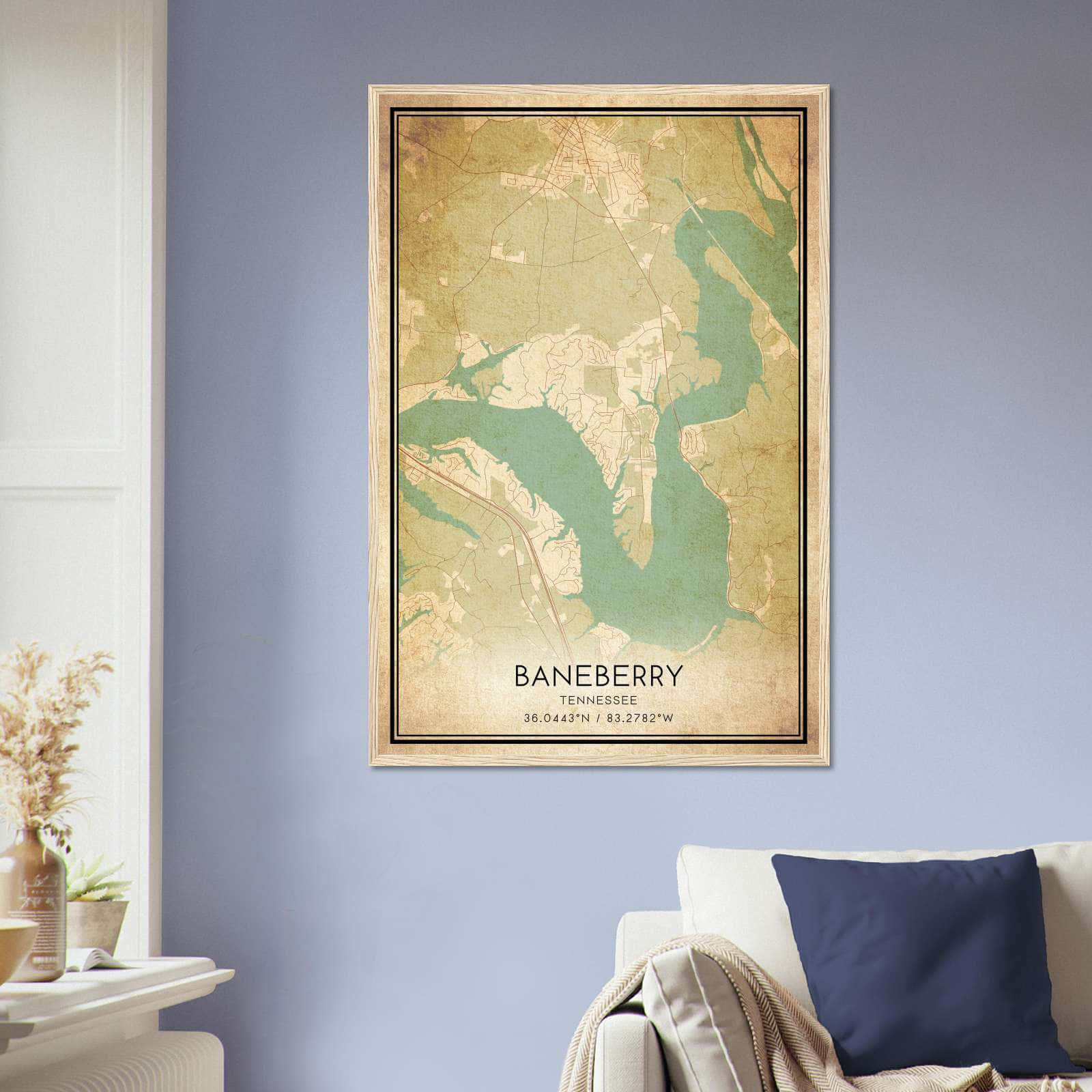 Vintage Baneberry Tennessee Map Poster, Baneberry TN City Road Wall Art Print